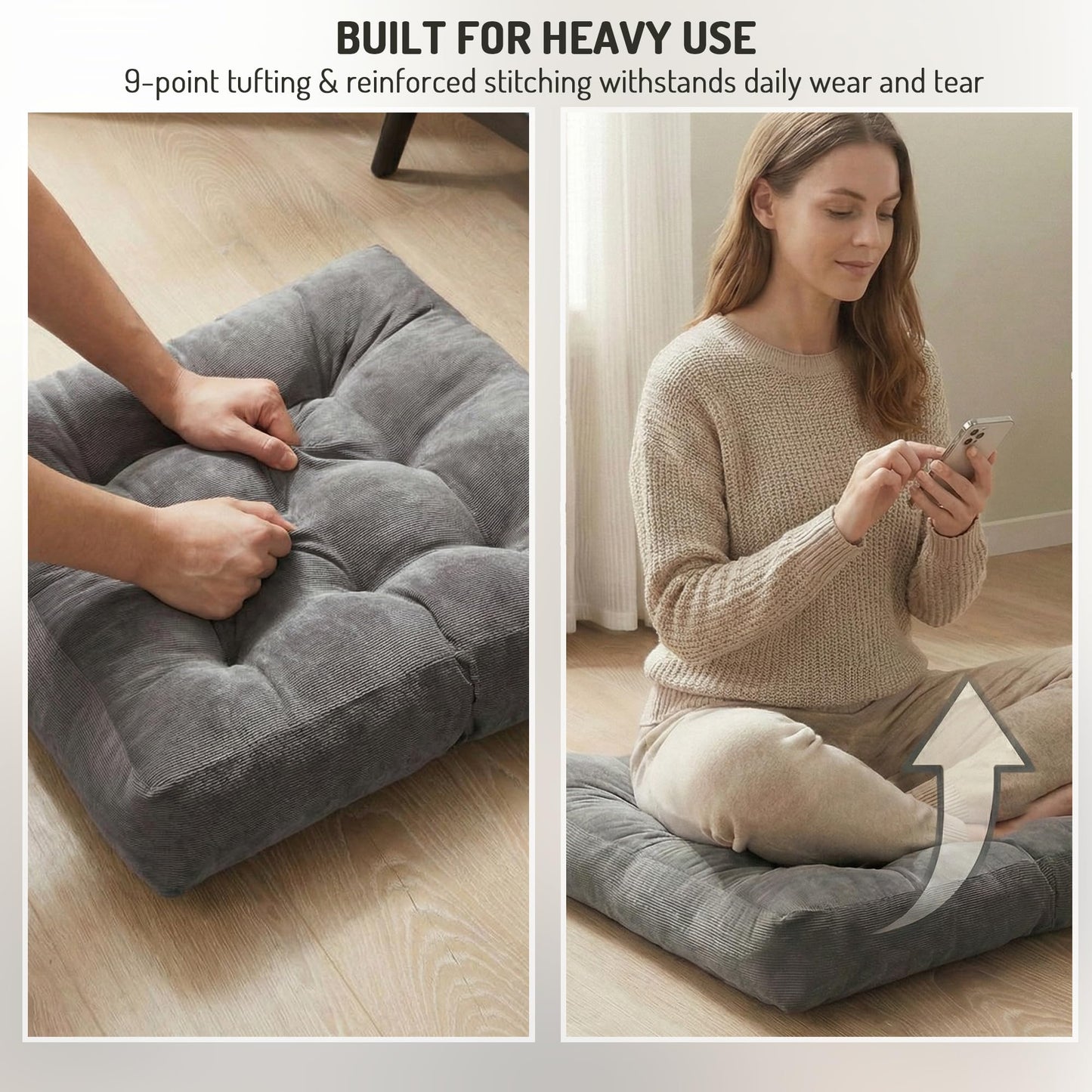 Degrees of Comfort Meditation Floor Pillow, Square Large Pillows Seating for Adults and Teens, Gray Tufted Corduroy Cushions for Yoga, Study Room, Home Office and Living Room, Grey, 22x22 Inch