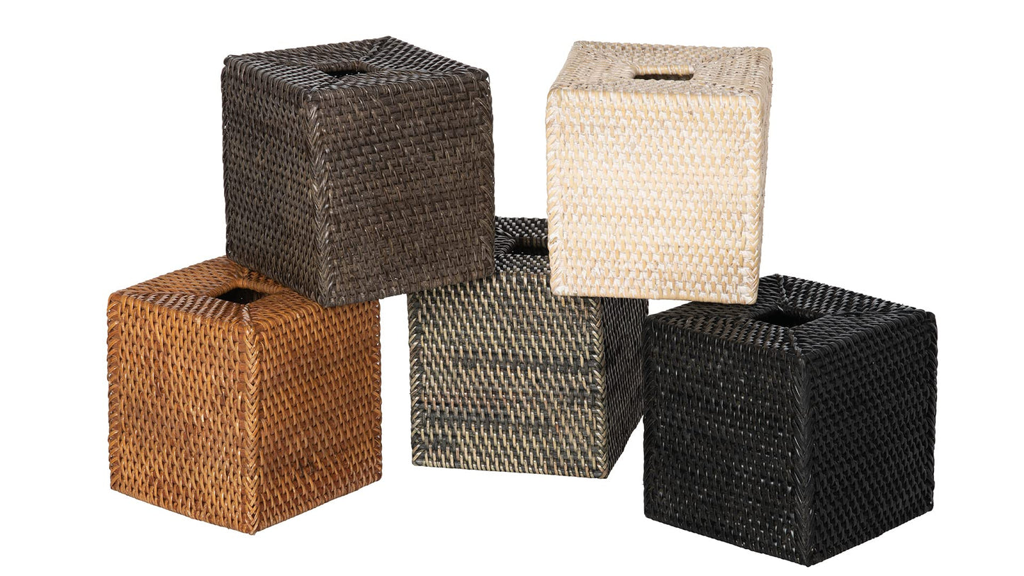 KOUBOO Loma Square Rattan Tissue Box Cover - Coastal Boho Tissue Holder for Bathroom, Guest Room, Living Room - Decorative Square Tissue Box Cover (Solid Black)
