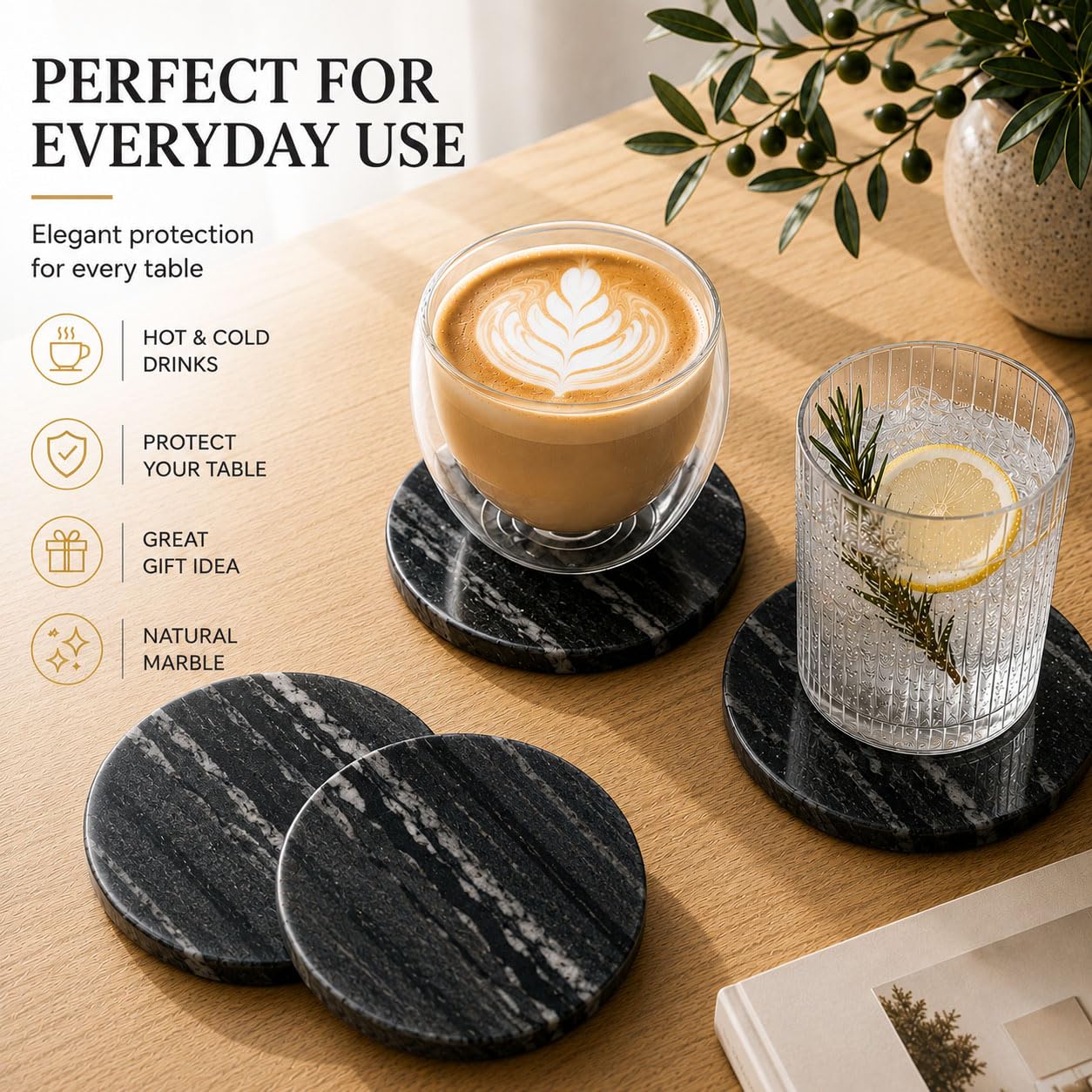 Terrarowth Midnight Black Marble Coasters Set of 4, Natural Stone Drink Coasters with Cork Backing, Round Black Marble Coasters for Bar Cart, Coffee Table & Home Decor