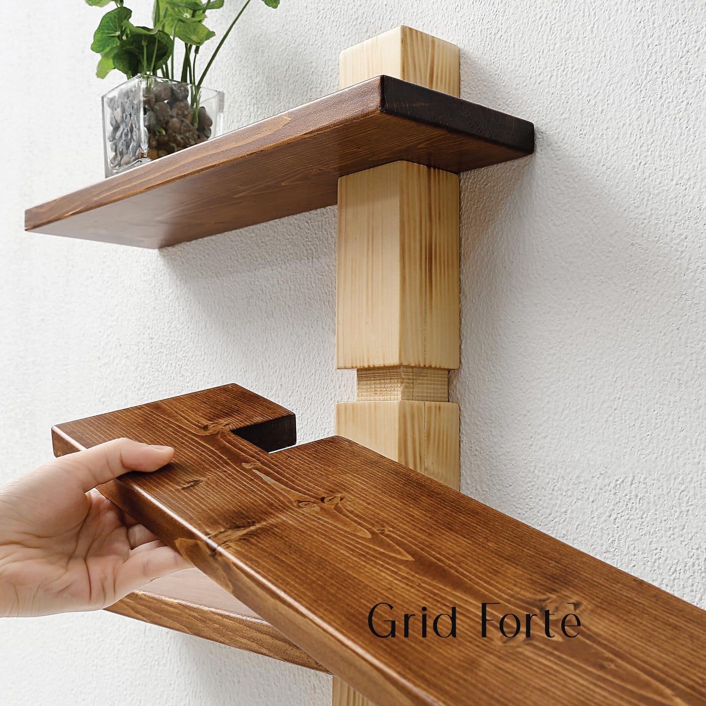GRID FORTE Wood 3-Tier Floating Shelf, Large Minimalist Wall Shelves