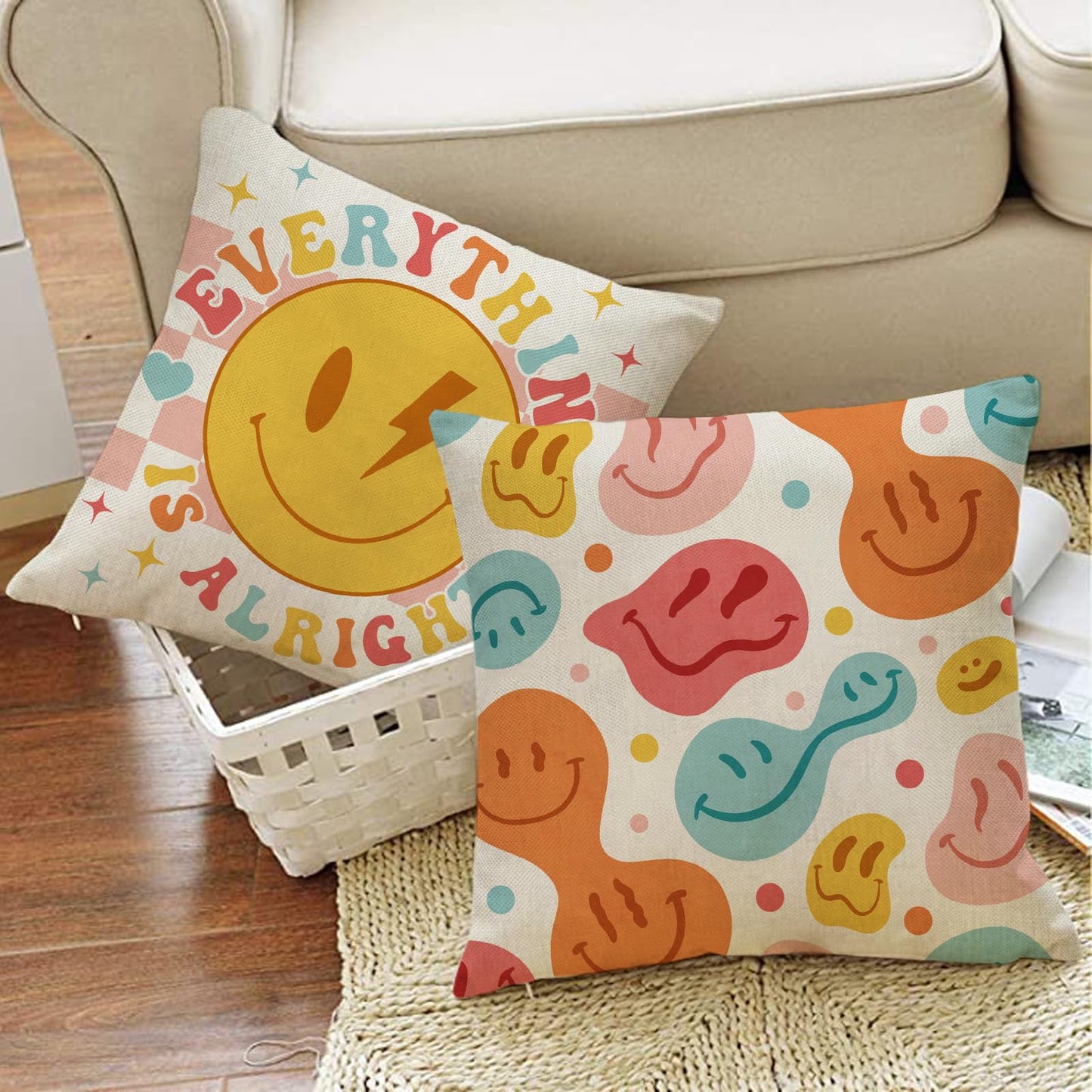 Fjfz Groovy Smiling Face Inspirational Decorative Throw Pillow Covers 18 x 18 Set of 4, Hippie Smile Motivational Quote Porch Outdoor Home Decor, Smiley Everything is Alright Couch Cushion Case