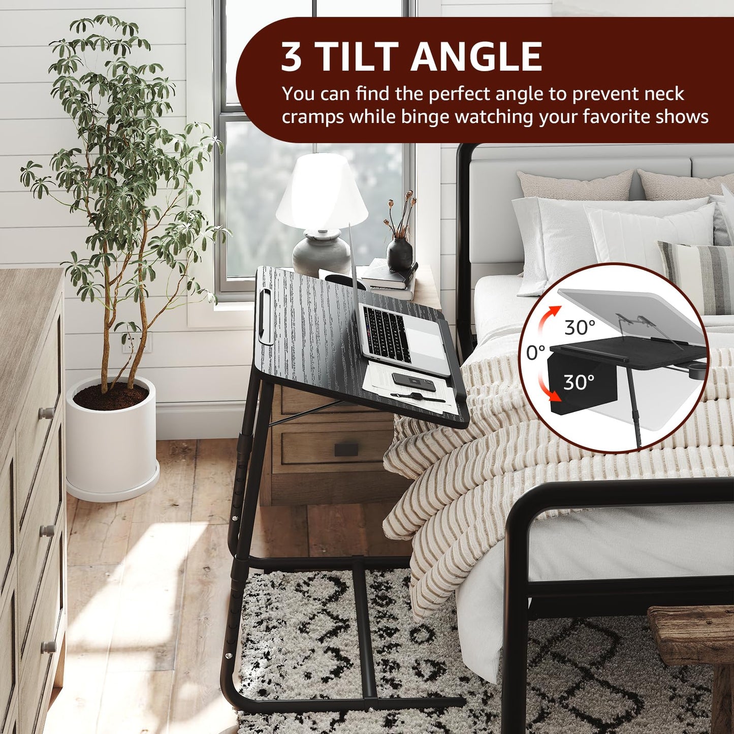 TV Trays Set of 2 - Folding TV Tray Adjustable Dinner Trays for Eating On Couch Wooden Tables Mate Stand Foldable Black Desk with Cup Holder Portable