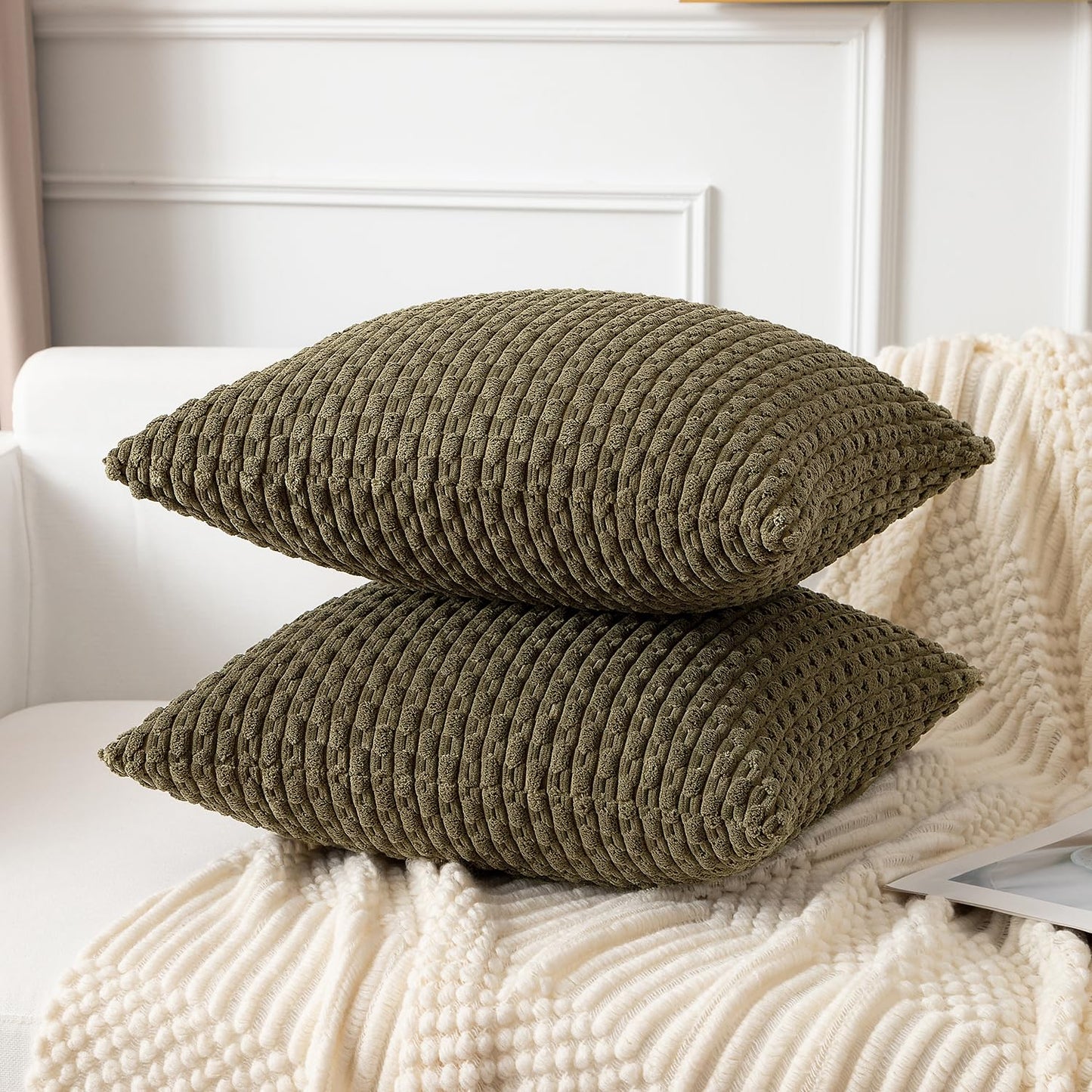 Kevin Textile Pack of 2 Corduroy Decorative Throw Pillow Covers 22x22 Inch Soft Boho Striped Pillow Covers Modern Farmhouse Home Decor for Spring Sofa Living Room Couch Bed Olive Green