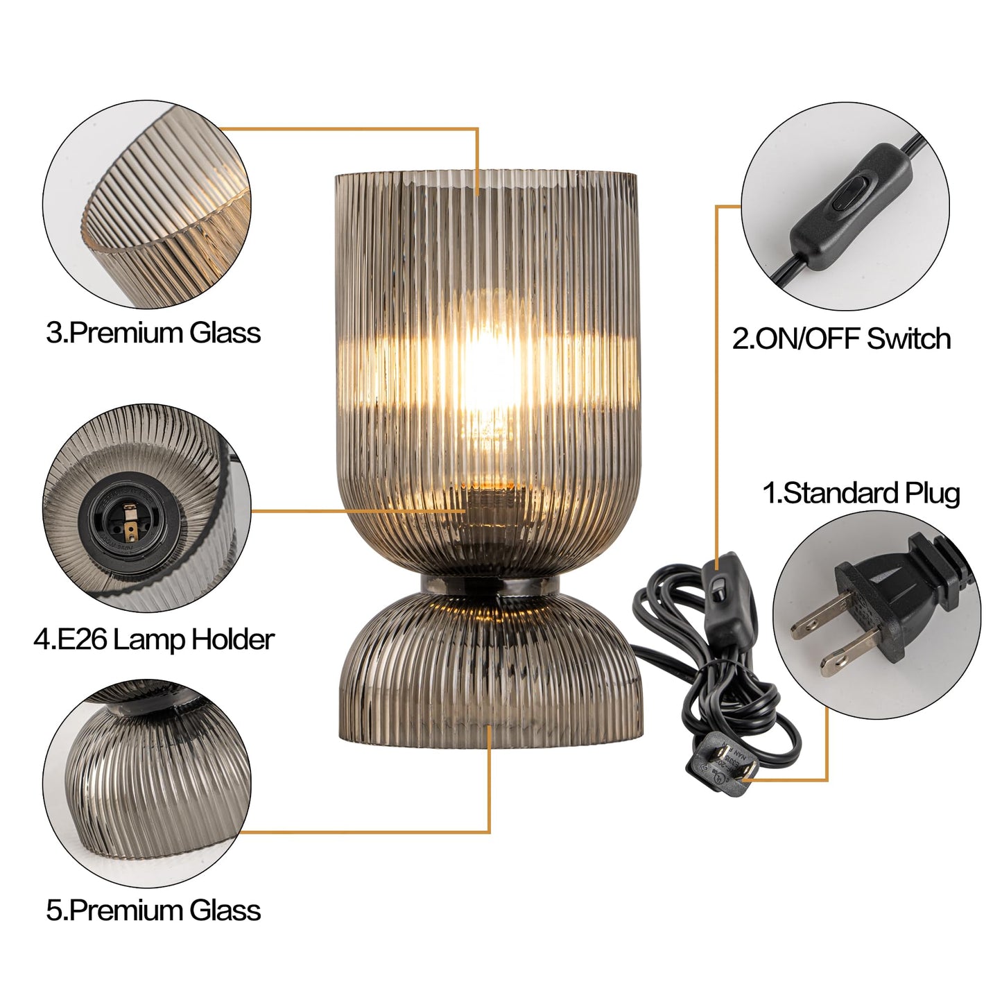 Gmrhndy Modern Table Lamp,Glass Mid Century Lamp with Smoky Gray Glass Shade, Bedside Lamp with On/Off Switch, Minimalist Nightstand Lamp for Bedroom, Living Room, Office (Bulb not Included)