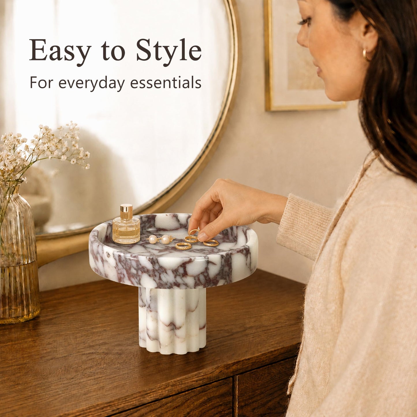 YMXYJM,Natural Marble Pedestal Tray,Decorative Display,Calacatta Viola