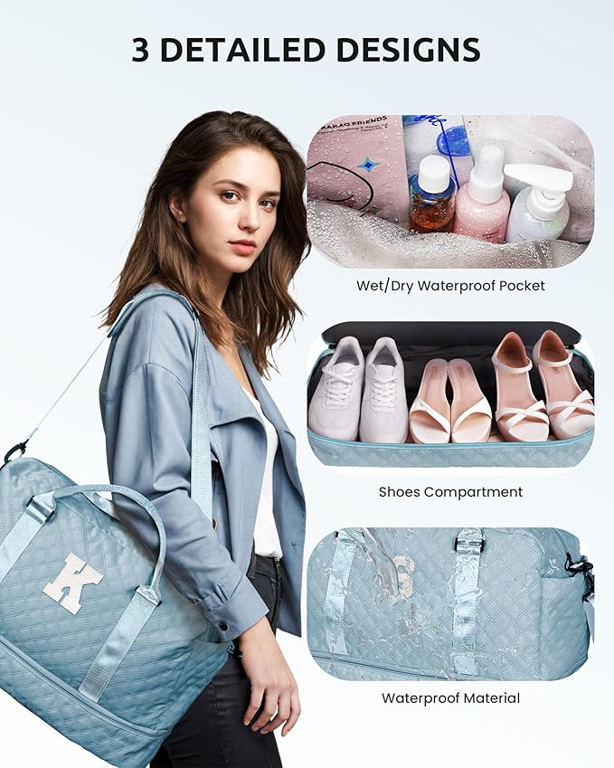 Vogewood Overnight Bags for Women, Personalized Weekender Bag, Monogram Travel Bag for Women with Trolley Sleeve & Wet Pocket, Letter Travel Bag with Makeup Bag, Gift for Her(Letter D)