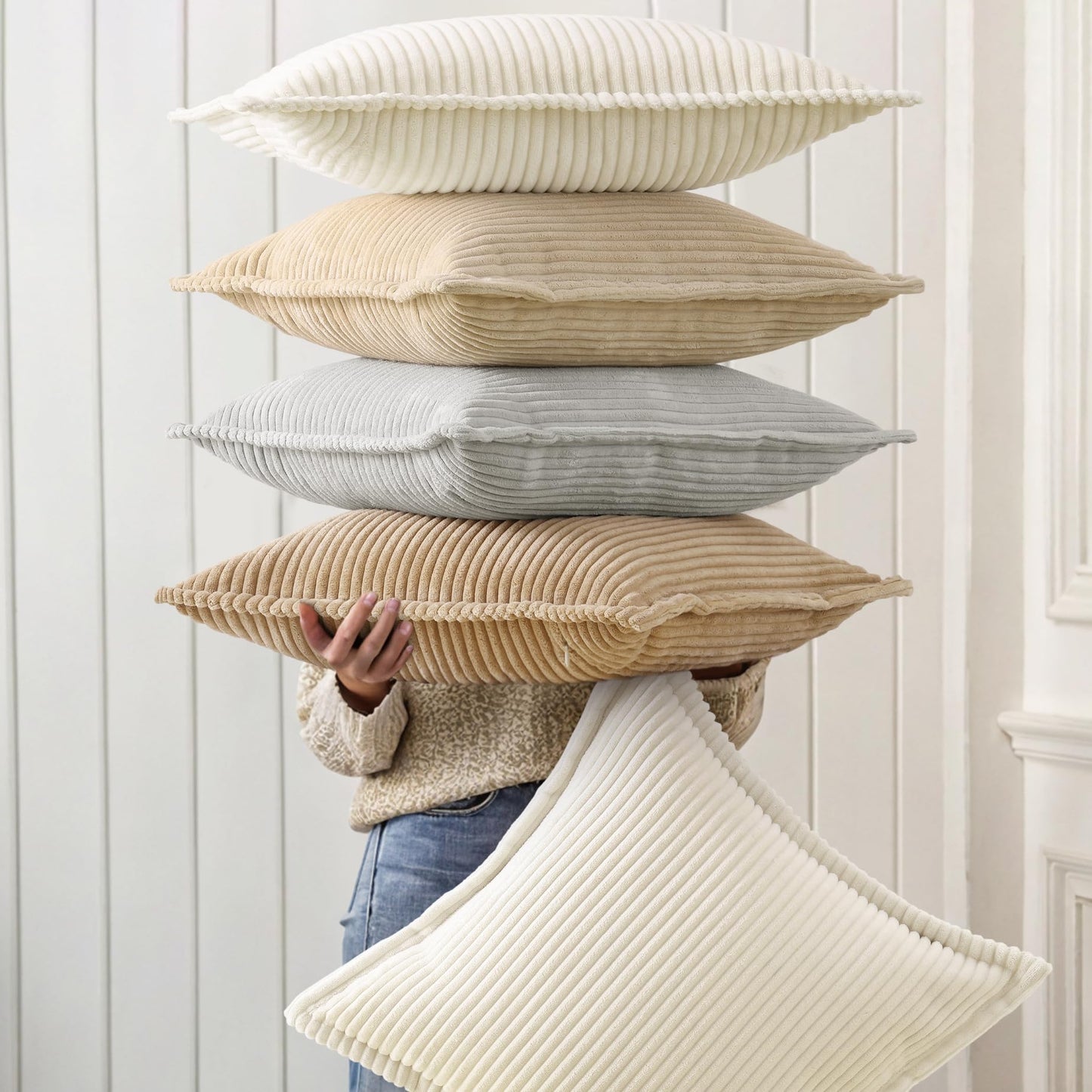 decorUhome Summer Corduroy Cream White Euro Sham Throw Pillow Covers 24x24 Set of 2 Decorative Soft Boho Farmhouse Couch Pillow Covers for Living Room Bed Sofa Broadside Striped Pillow Cases