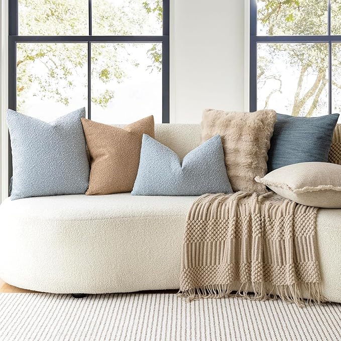 Foindtower Decorative Textured Boucle Throw Pillow Covers Accent Solid Pillow Cases Neutral Soft Cozy Couch Cushion Case for Chair Sofa Bedroom Living Room Home Decor 16x16 Inch,1PC,Light Blue