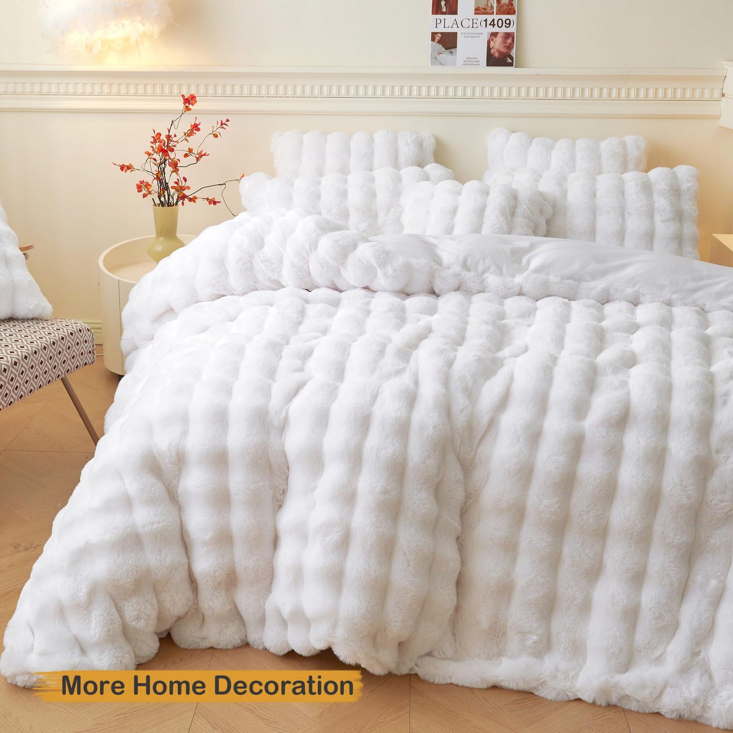 LIFEREVO Fluffy Faux Rabbit Fur Body Pillow Cover, Luxury Bubble Waffle Shaggy Plush Bed Body Pillowcase with Zipper Closure, Long 20"x54" Fuzzy Furry Pillow Case for Adults Kids Girls Teens, White