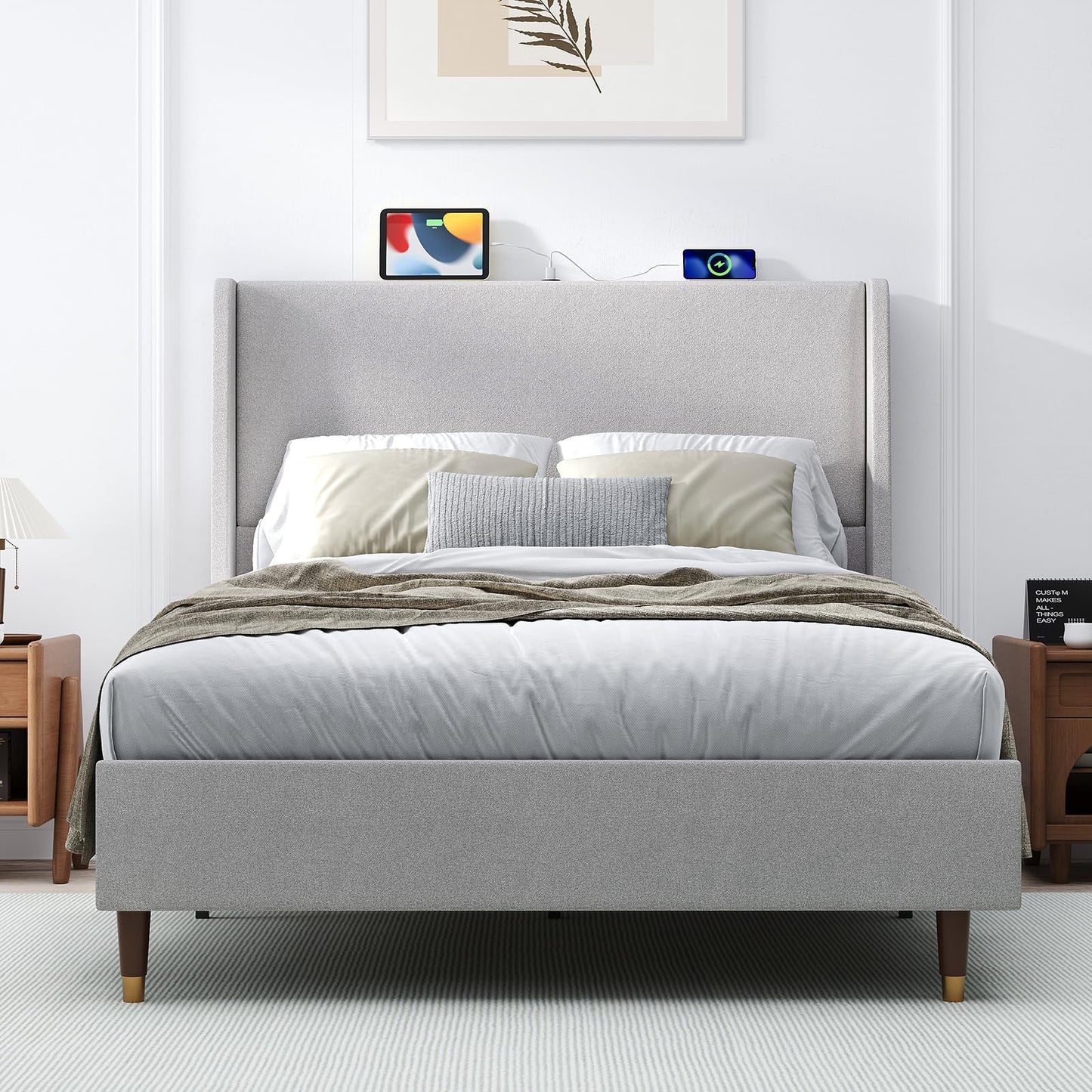 MALOL Full Bed Frame with Upholstered Linen Headboard, Platform Bed with USB Charging Ports, Sturdy Metal Frame, No Box Spring Required, Quiet Noise-Free Modern Bedroom Furniture, Grey