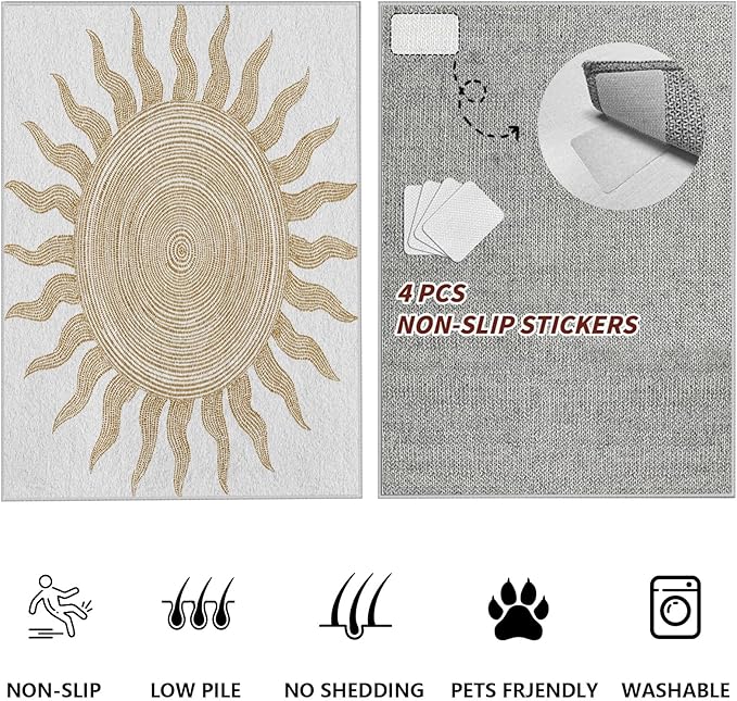 Boho Washable Rugs for Bedroom 7x10, Modern Sun Print Soft Minimalism Area Rug, Non Slip Low Pile Abstract Carpet for Classroom Living Room Decor Dining Room Sofa Kids Nursery Room, Beige Yellow