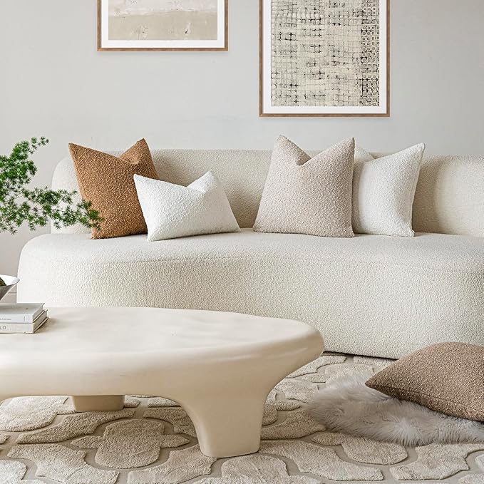 Foindtower Textured Boucle Throw Pillow Covers Accent Solid Pillow Cases Cozy Soft Decorative Couch Cushion Case for Chair Sofa Bedroom Living Room Home Decor, 18 x 18 Inch,Light Beige