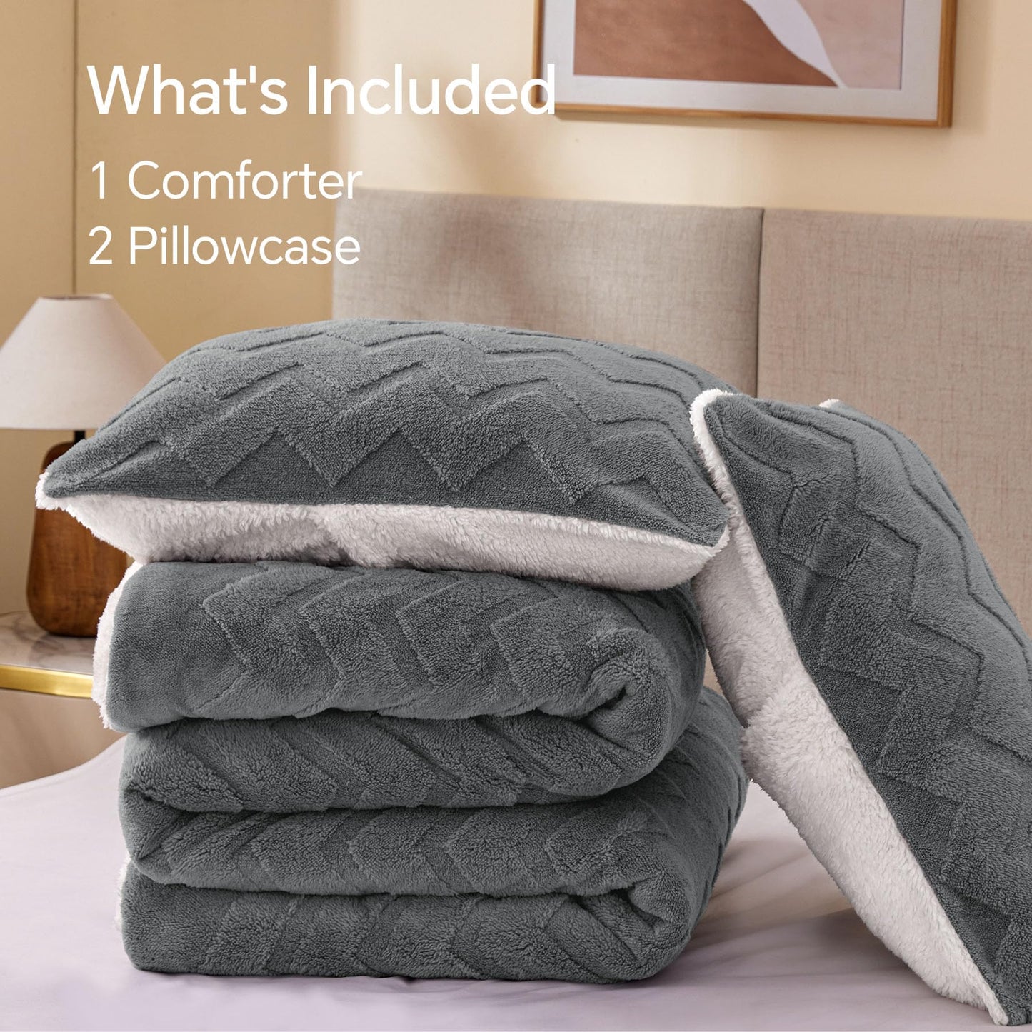BEDELITE Fluffy King Size Comforter Set - Super Soft Sherpa Grey Comforter for King Size Bed, Luxury Warm Bedding Set for Winter, Fuzzy Bed Set 3 Pieces (1 Comforter, 2 Pillowcases)