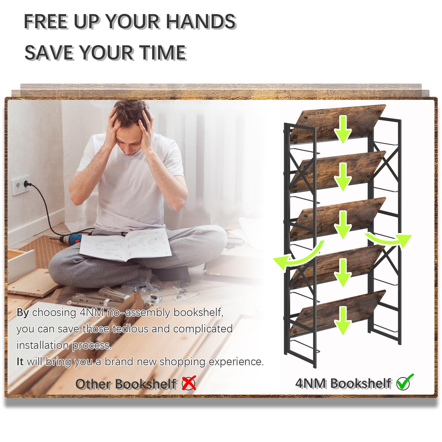 4NM 5 Tiers No Assembly Book Shelves, 51.2" H Folding Bookshelf Bookcase Open Industrial Foldable Shelves for Bedroom, Living Room, Home Office - Rustic Brown Black