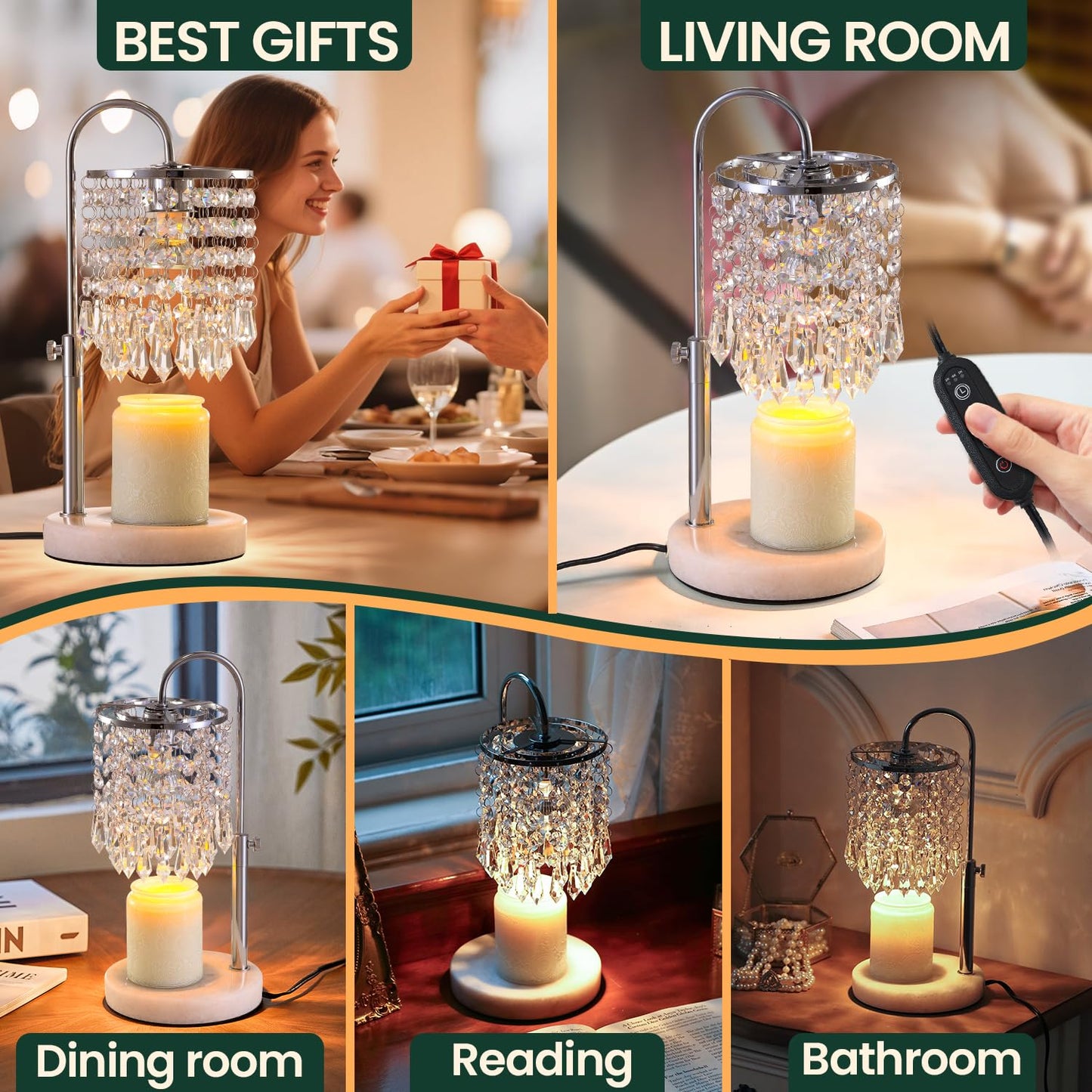 LUBITA Candle Warmer Lamp with Timer Dimmer and 3 Bulbs, Lamp Candle Warmer with Marble Base,Wax Melt Warmer for Jar Candles, Birthday Gifts for Women Mom, House Warming Gifts New Home Decor
