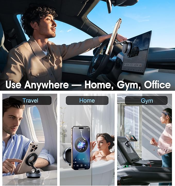 2026 Upgraded Vacuum Magnetic Car Phone Holder 360° Reinforced 96LBS Ultra Suction Cup Phone Mount for MagSafe Cell Phone Holders for Your Car/Gym/Mirror Mount for iPhone & Android