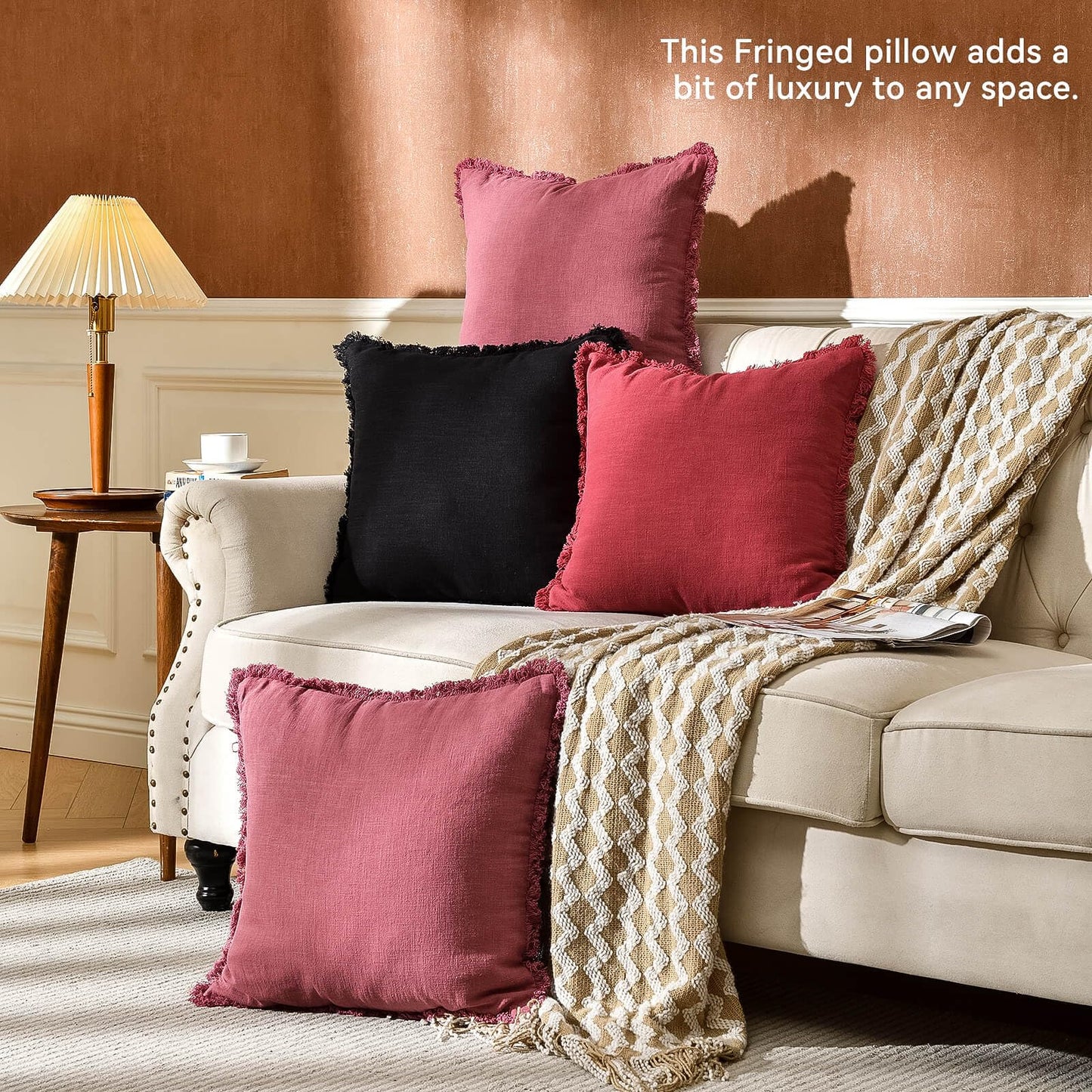 AmHoo Pack of 2 Linen Pillow Covers with Tassels Fringed Decorative Rustic Natural Throw Pillowcase Cushion for Couch Sofa Bedroom 16 x 16-Inch Dusty Rose