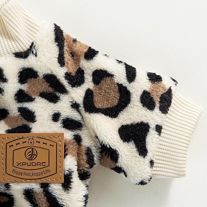 XPUDAC Fleece Dog Pajamas Leopard Dog Sweaters Winter Puppy Clothes for Small Medium Dogs Boy Girl Pet Jumpsuits Doggie Outfits for Christmas, S