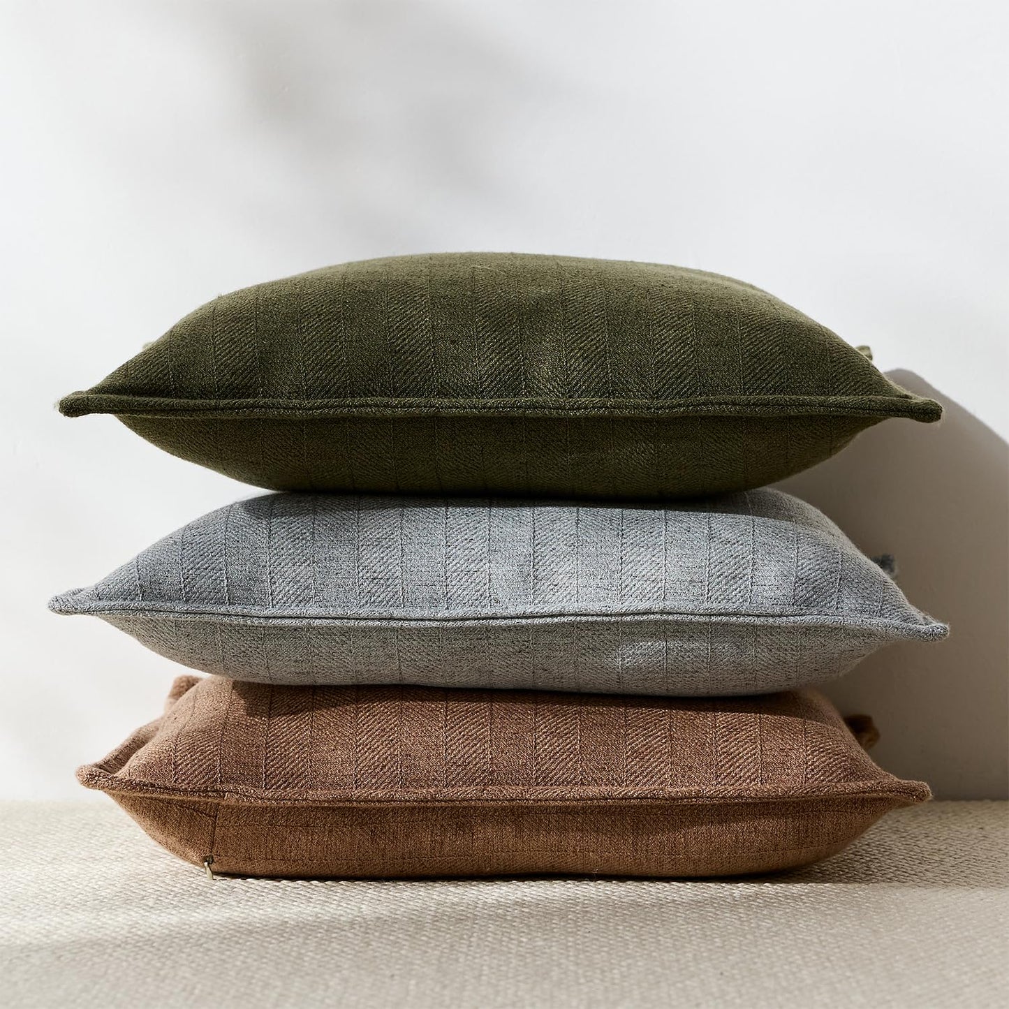 DEZENE 22x22 Linen Pillow Covers Olive Green Pack of 2 Farmhouse Boho Neutral Accents Striped Textured Square Decorative Throw Pillow Cases for Living Room Couch Bed Home Decor