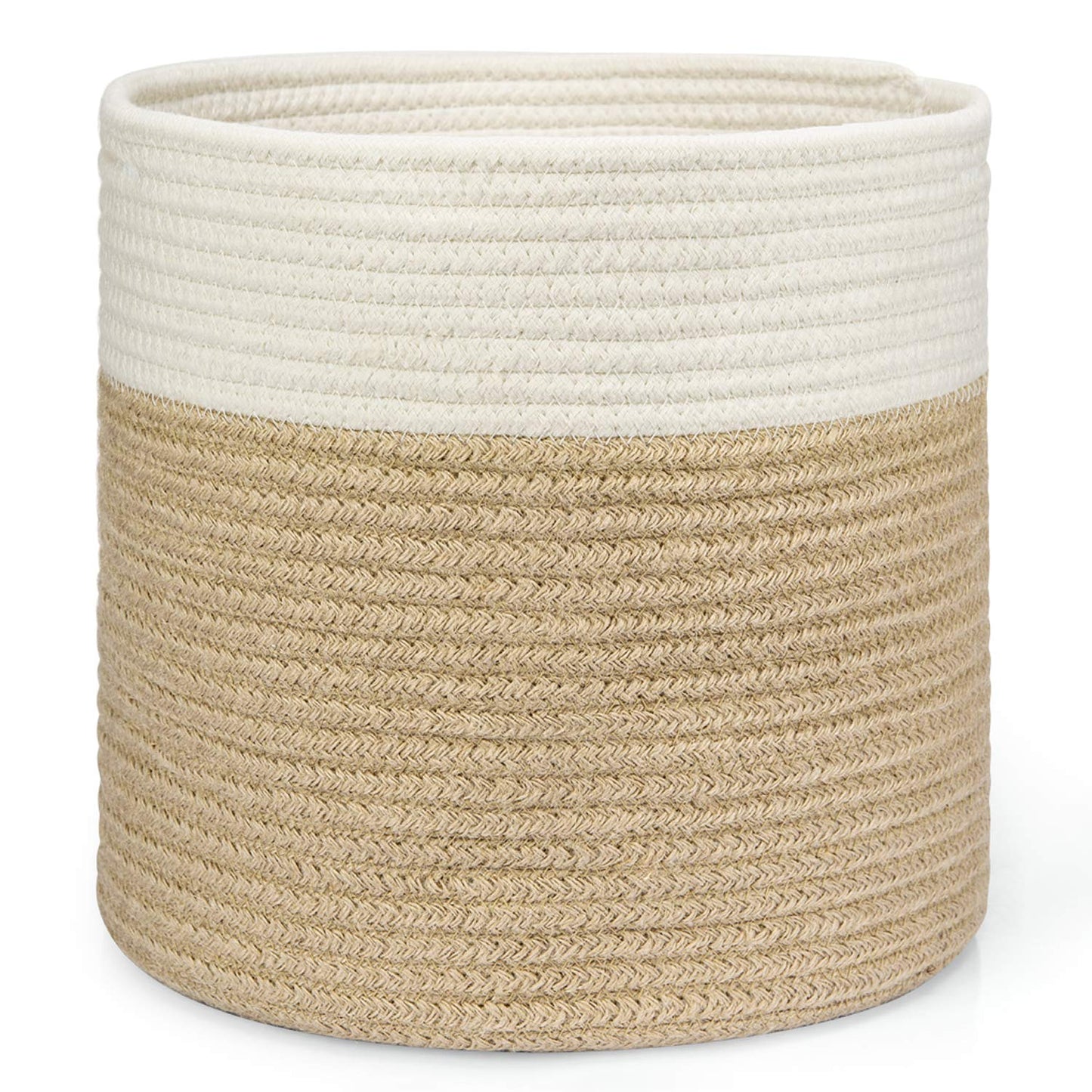 Dahey Jute Spliced Cotton Rope Plant Basket Modern Woven Storage Basket for 10.5" Floor Indoor Planter, Decorative Flower Pots Cover Laundry Bin with Handle Rustic Home Decor, White and Beige