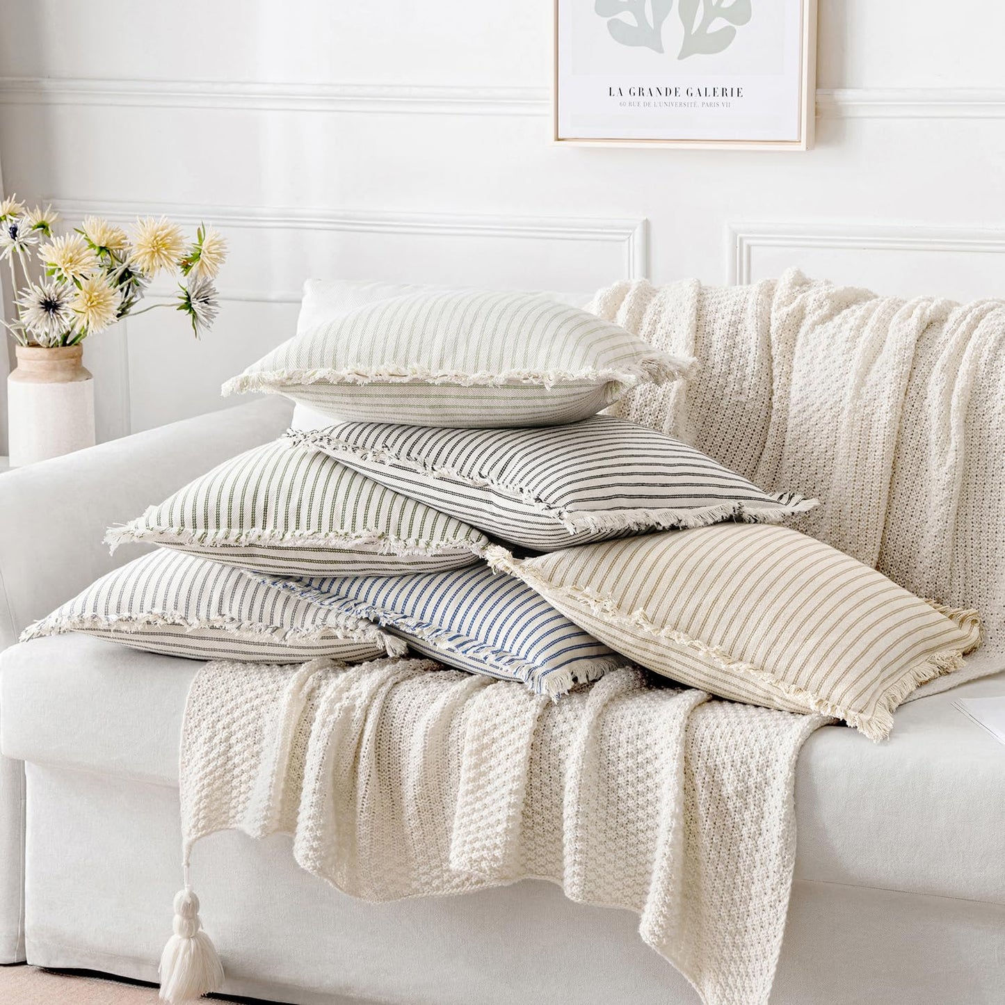 MIULEE Pack of 2 Olive Green Christmas Pillow Covers 20x20 Inch Striped Farmhouse Couch Spring Throw Pillow Covers with Fringe Chic Linen Decorative Cushion Covers for Sofa Living Room Bed Home Decor