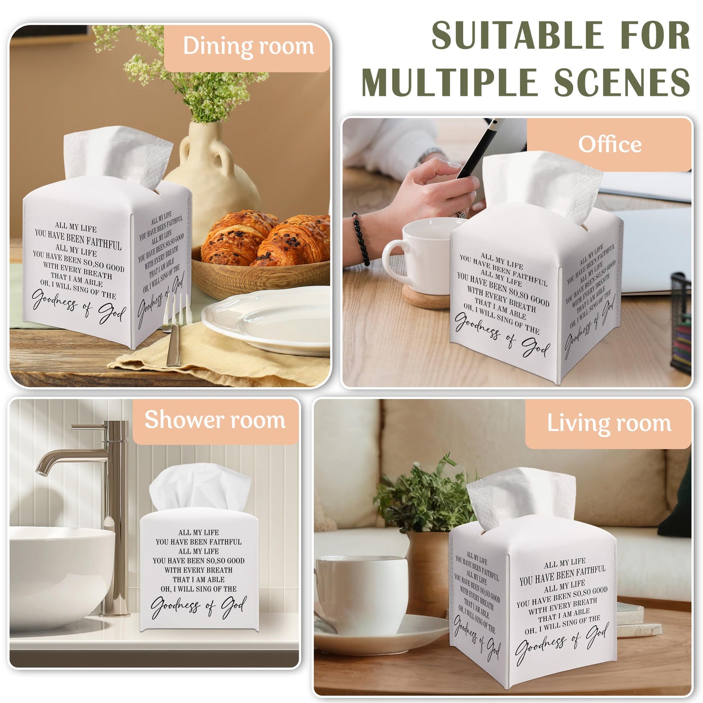 Tissue Box Cover Square, Leather Tissue Box Cover, Waterproof Leather Facial Paper Organizer Dispenser for Bathroom Home Car Nightstand Vanity Desk, Goodness of God, 5.2 Inches