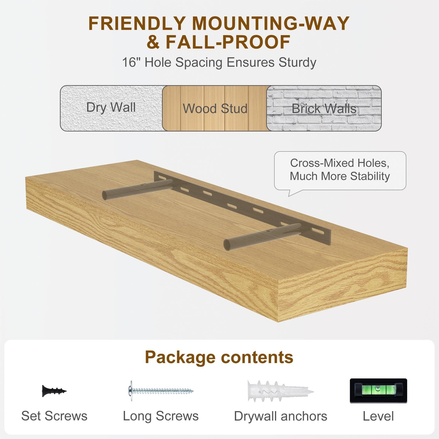 Fun Memories Floating Shelves for Wall, 20Inch Floating Shelves Set of 2, Hanging Shelf with Invisible Brackets, Wood Shelves for Living Room, Bedroom, Kitchen, Oak