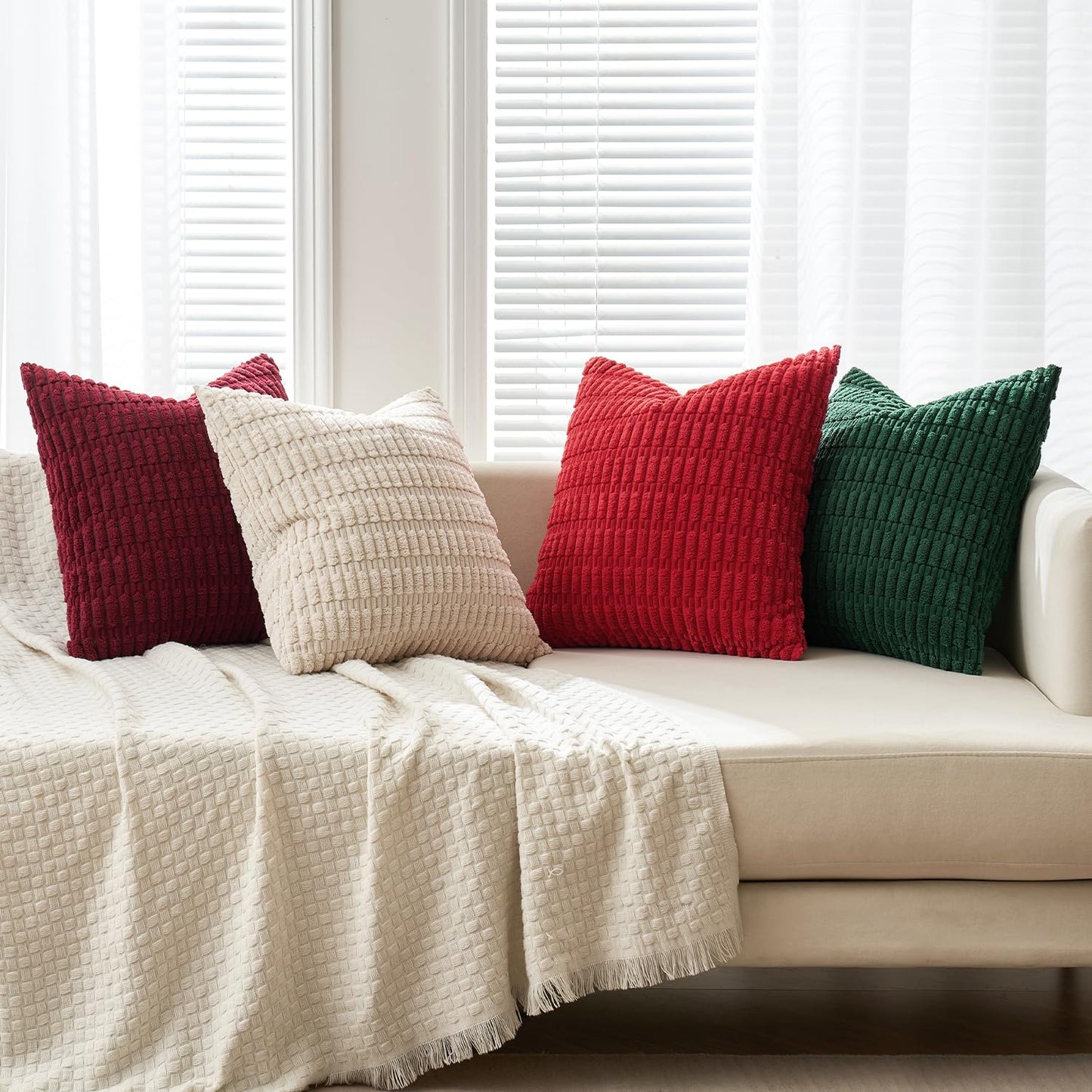 MIULEE Pack of 4 Christmas Boho Farmhouse Red and Green Corduroy Decorative Throw Pillow Covers 18x18 Inch Retro Soft Striped Pillow Covers Home Decor for Sofa Living Room Couch Bed