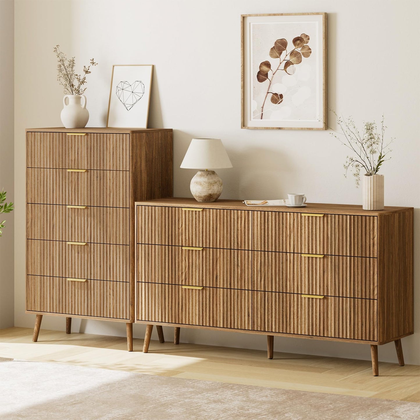 LYNSOM Fluted 5 Drawers Dresser, 45" Tall Modern Chest of Drawers with Curved Profile Design and Metal Handle, Wood Drawer Organizer for Bedroom, Living Room, Hallway, Entryway, Walnut
