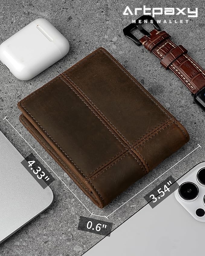 Artpaxy Mens Wallet Bifold Genuine Leather RFID Blocking Wallet for Men with 1 ID Window 13 Card Holders 2 cash pockets 1 Gift Box