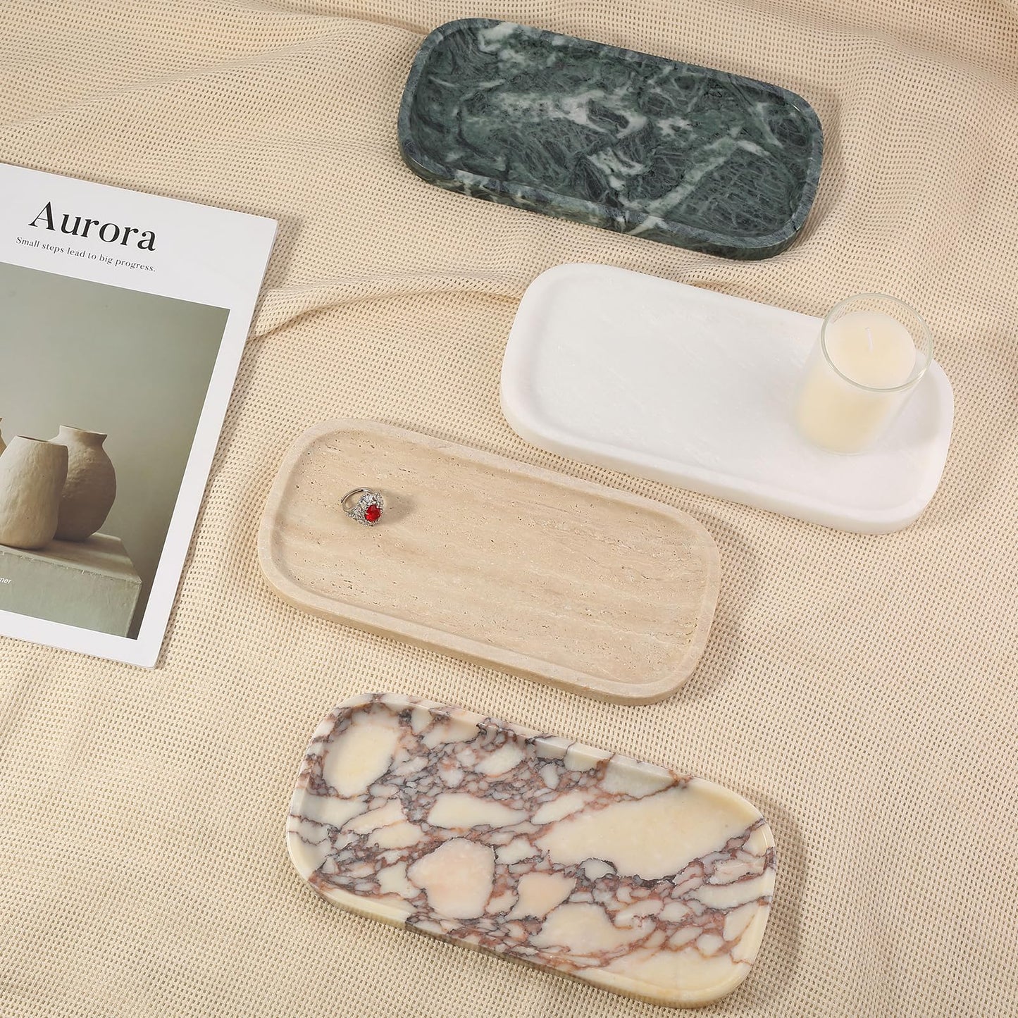 Koville Marble Tray, 10"x5" Marble Vanity Tray for Bathroom Countertop Kitchen Sink, Rectangular Stone Tray for Perfume Fragrance, Decorative Catchall Tray Jewelry Cosmetics Organizer(White)