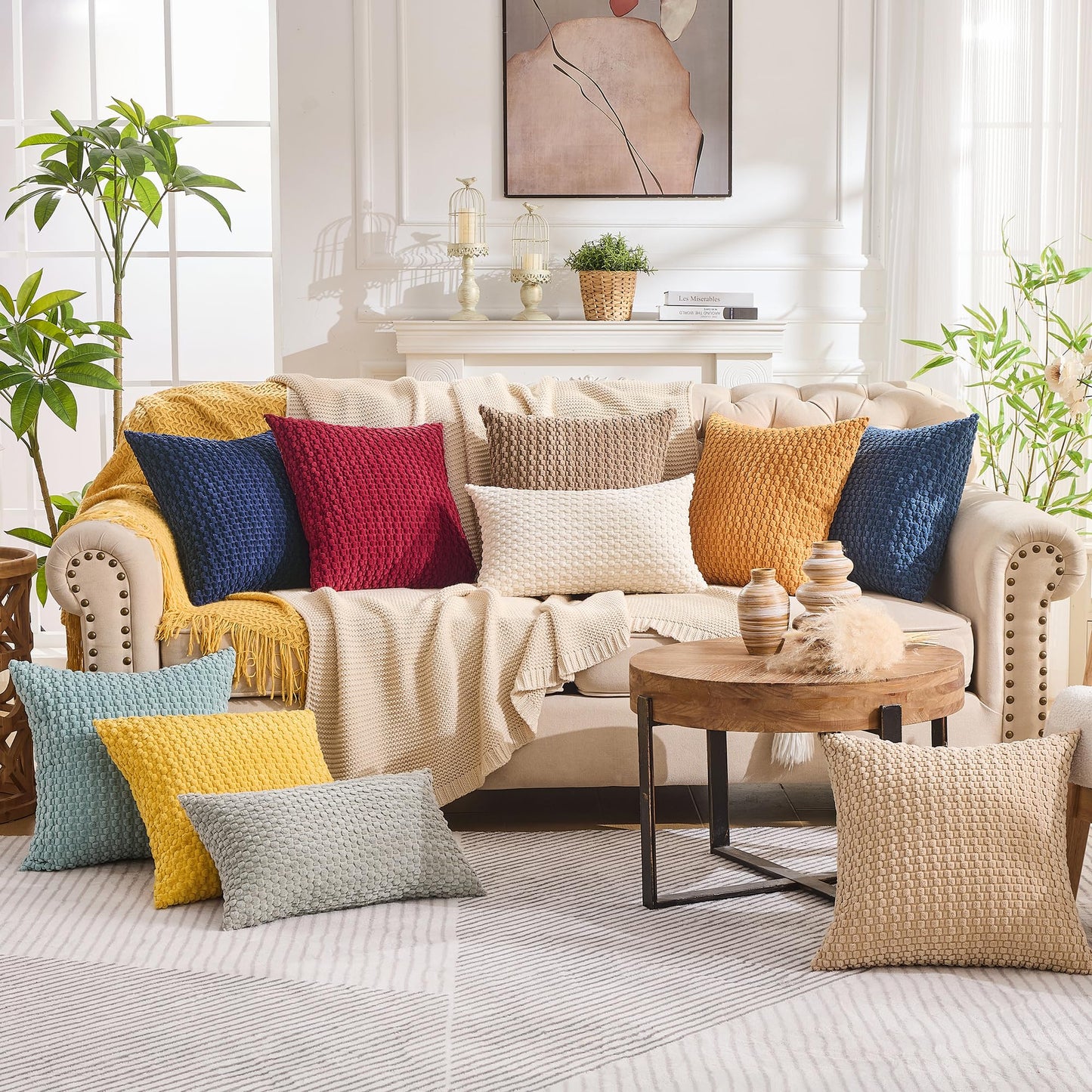 GAWAMAY Decorative Throw Pillow Covers 24x24 Inch Set of 2 for Living Room Couch Bed Sofa, Farmhouse Square Cushion Cover Soft Striped Corduroy Pillow Cases Boho Home Decor (60x60cm) Cream White