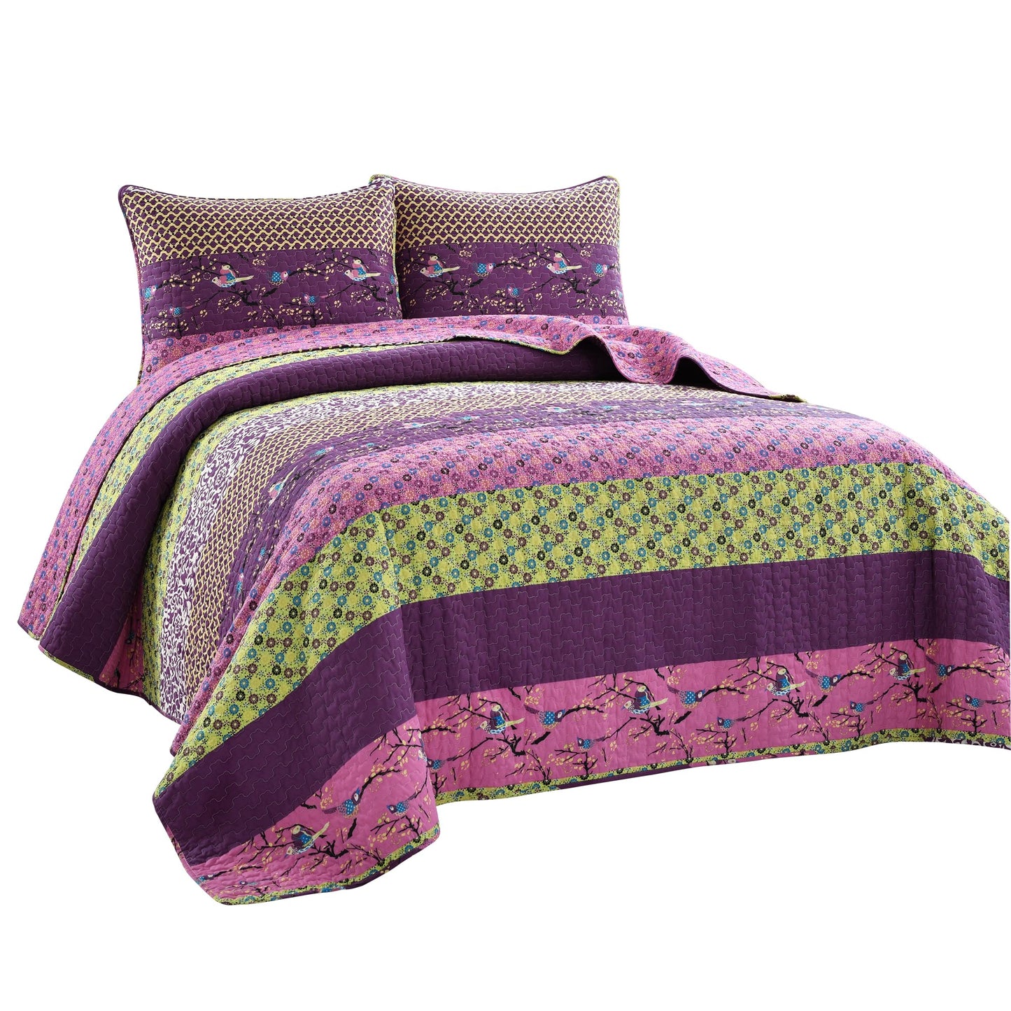 Lush Decor Royal Empire Reversible Cotton Quilt Set, 3 Piece Set Full/ Queen, Plum - Striped Bedding Set - Floral Quilt Queen Size - Purple Bedding - Boho Decor