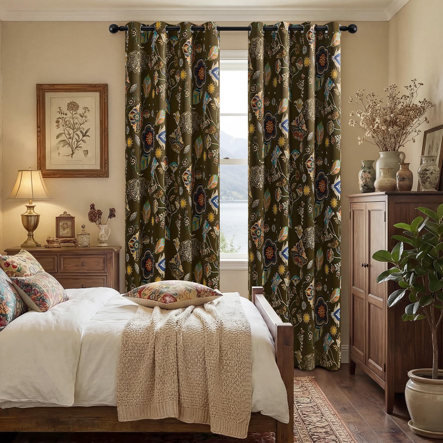 XiDi Floral Curtains 100% Blackout Vintage Patterned Black Out Curtain 63 Inches Long Thermal Insulated Window Drapes 2 Panels Grommet Room Darkening Curtain for Living Room Bedroom Olive Green 52x63