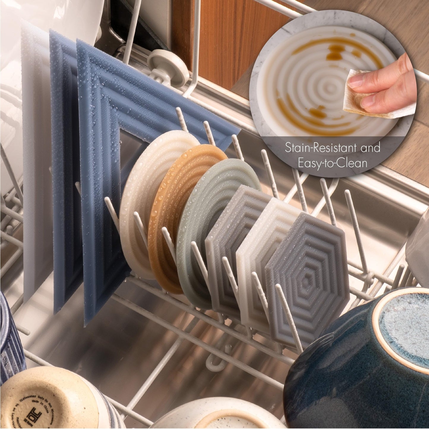 LINE+ARC Extra Thick Silicone Coasters Waterproof Anti-Stain Heat-Safe Dishwasher-Safe Degrē Coasters XL (Set of 6 Sandstone) Outdoor Rubber Mid-Century Modern