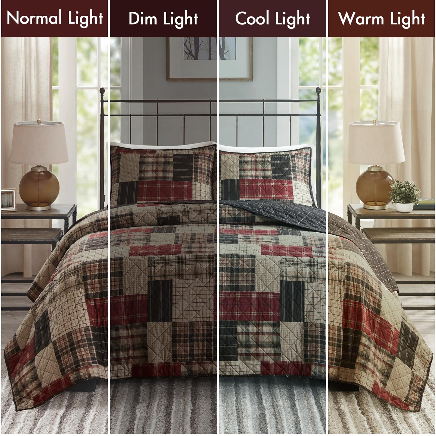 Madison Park Queen Quilt Set Patchwork Farmhouse, Diamond Quilting Reversible Coverlet Set for Queen Size Bed, Plush Cotton Filled Quilt Set Queen Size, Shams Full/Queen Red/Black 3 Piece