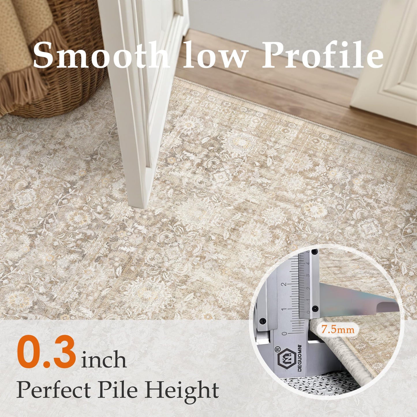 WondRg 5x7 Beige Washable Neutral Area Rug for Living Room Floral Non Slip Low Pile Throw Rug Vintage Traditional Stain Resistant Carpet Bedroom Kitchen Playroom Office Dining Room
