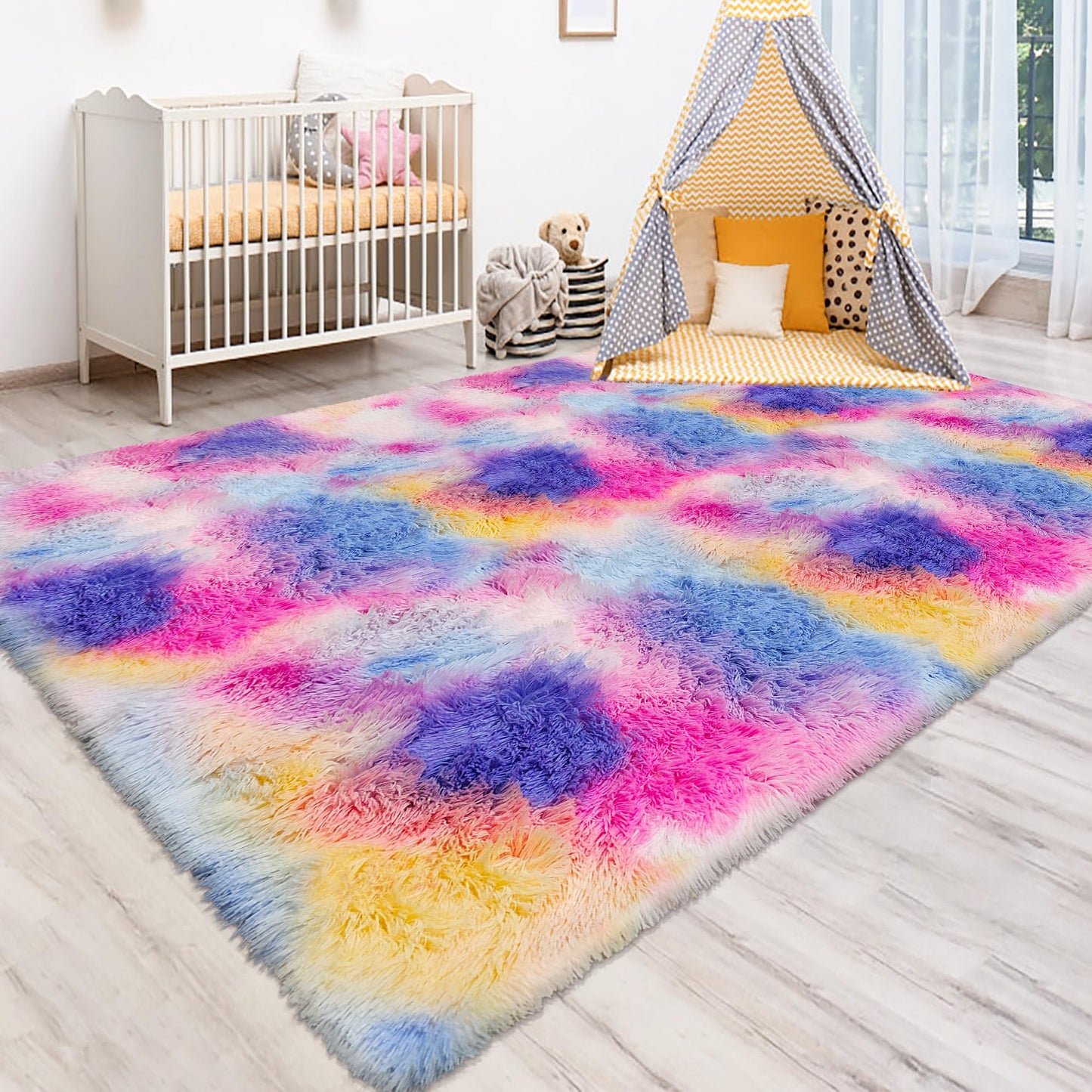 TENNOLA Rainbow Area Rugs 5x8 ft,Tie-Dyed Unicorn Fluffy Fuzzy Shaggy Carpet Soft Plush Furry Rug,for Bedroom Living Room Indoor Floor Rug Kids Girls Boys Home Decor Aesthetic, Dorm Nursery