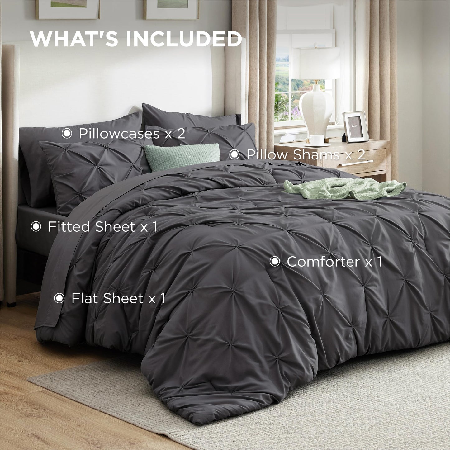 Bedsure Queen Comforter Set Dark Grey - Bed in a Bag Queen Size Bedding 7 Pieces, GentleSoft™ Pintuck Bed Set Gift for Family, All Season Down Alternative Comforter with Sheets, Pillowcases & Shams