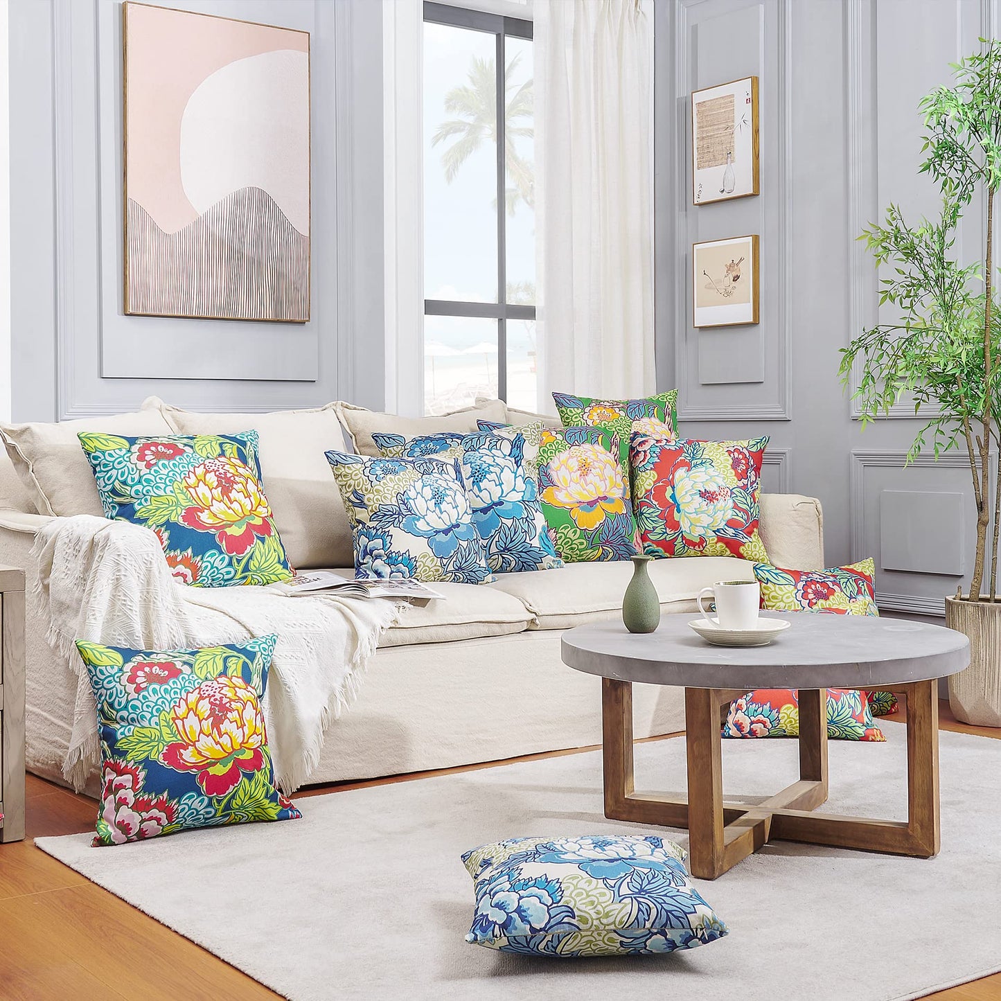 BLESFEST Pack of 2, Chinoiserie Pillow Cover 18 x 18 Inch Peony Floral Pillow Covers Linen Flower Throw Pillow Covers Farmhouse Pillowcase Cushion Covers for Sofa Couch Living Room Pink