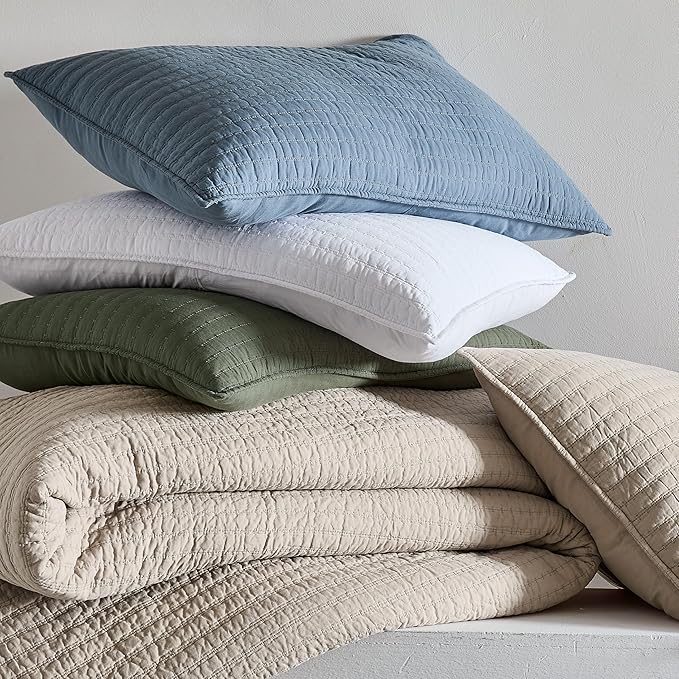 WDCOZY 100% Cotton Twin Size Quilt Set - White Striped Pick Stitch Soft Lightweight Bedspread, Textured Like Linen, Farmhouse Country Rustic Coverlet, Shabby Chic Gauze Bedding, 2 Pieces