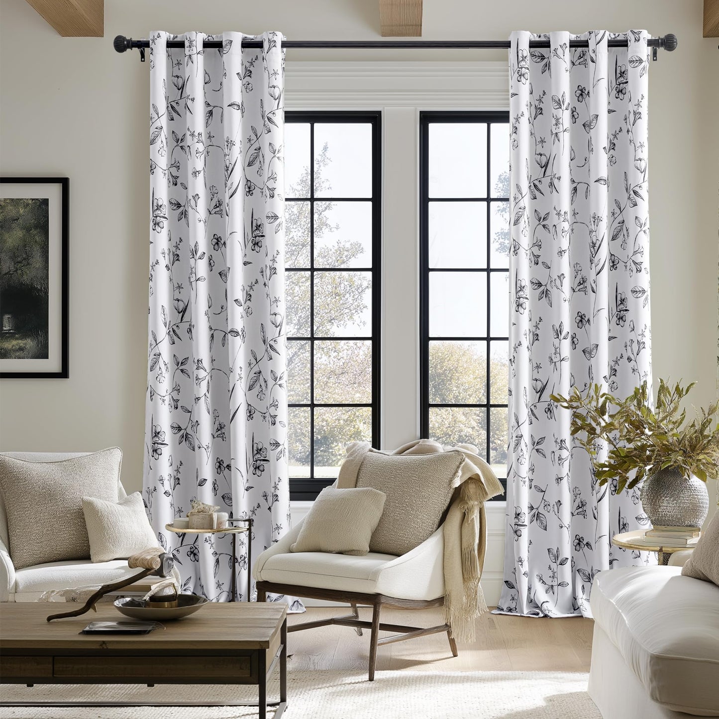 ChrisDowa 100% Blackout Floral Curtains 84 Inches Long 2 Panels for Bedroom Living Room Black Flower Patterned Room Darkening Thermal Insulated Soundproof Grommet Window Treatments Drapes,52X84