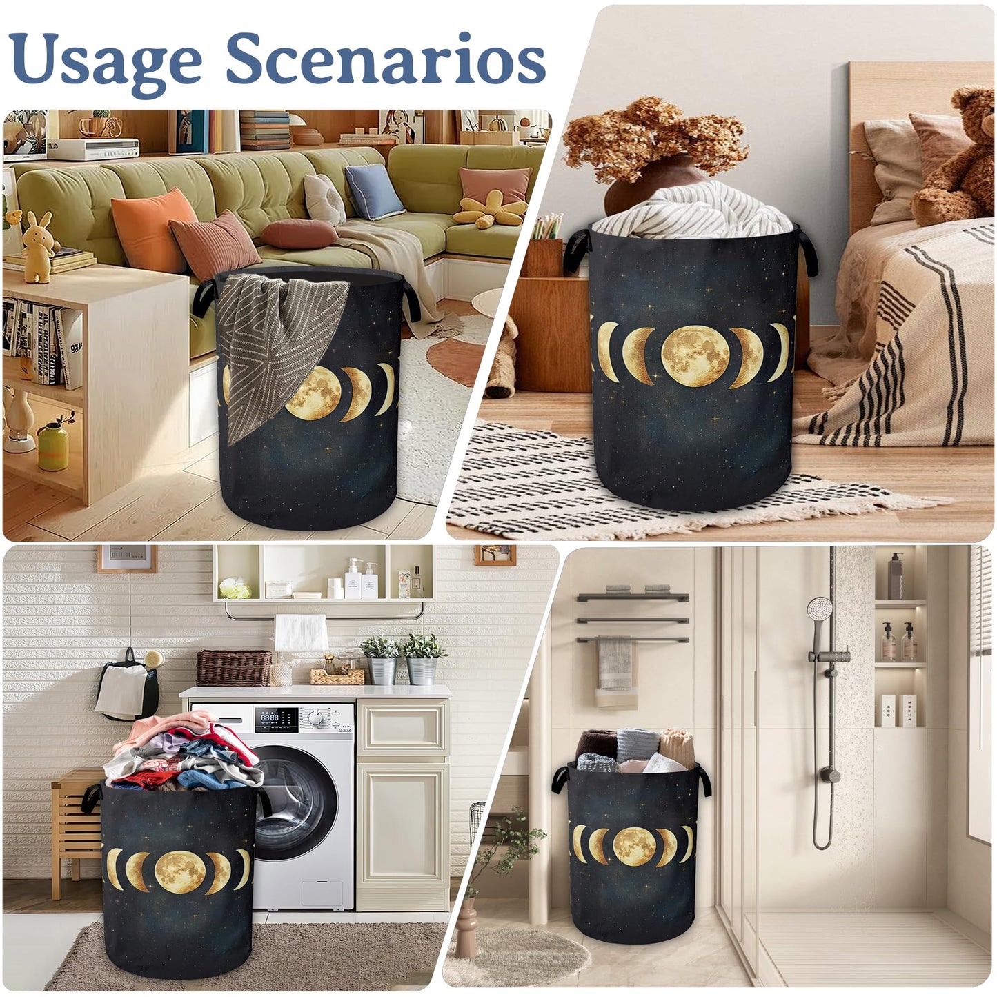Lunar Phases Laundry Basket,Foldable Oxford Cloth Moon Laundry Hamper with Handles, 20.8"x16" Tote Bag Clothes Storage Bucket for Laundry Room/Bathroom/Bedroom/Dormitories