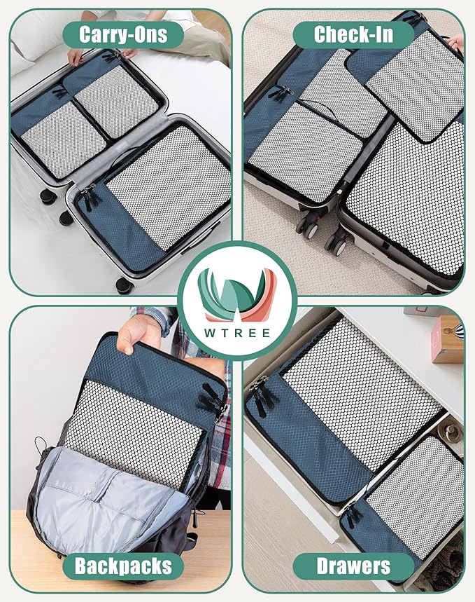 4-Piece Packing Cubes Travel Accessories Set for Suitcases - Luggage Organizer Bags with Double Zipper - Mesh Top - Large - Dark Blue