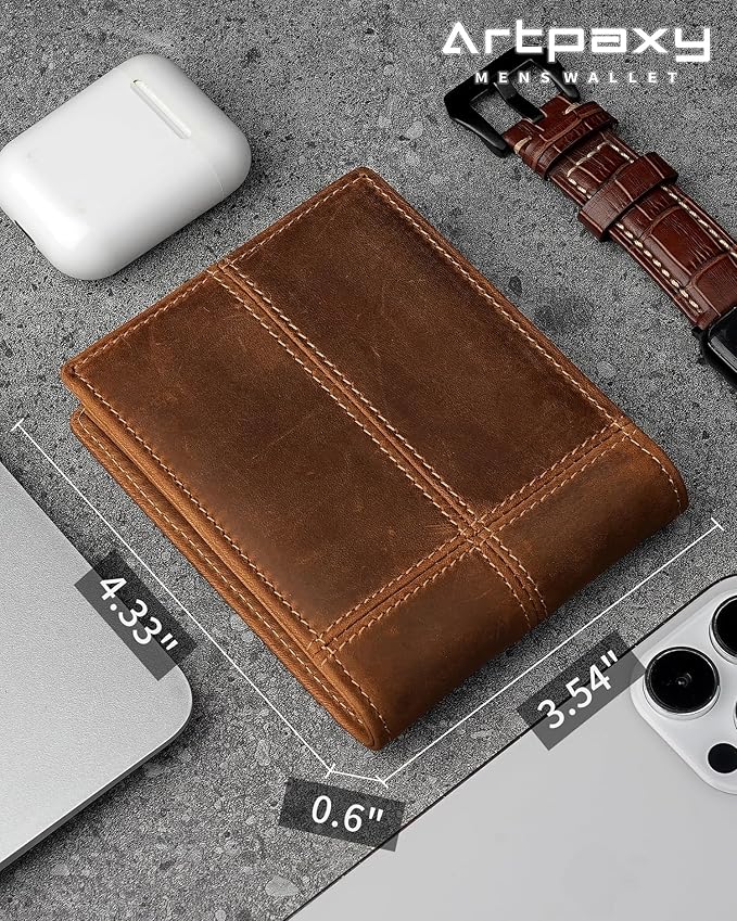 Artpaxy Mens Wallet Bifold Genuine Leather RFID Blocking Wallet for Men with 1 ID Window 13 Card Holders 2 cash pockets 1 Gift Box