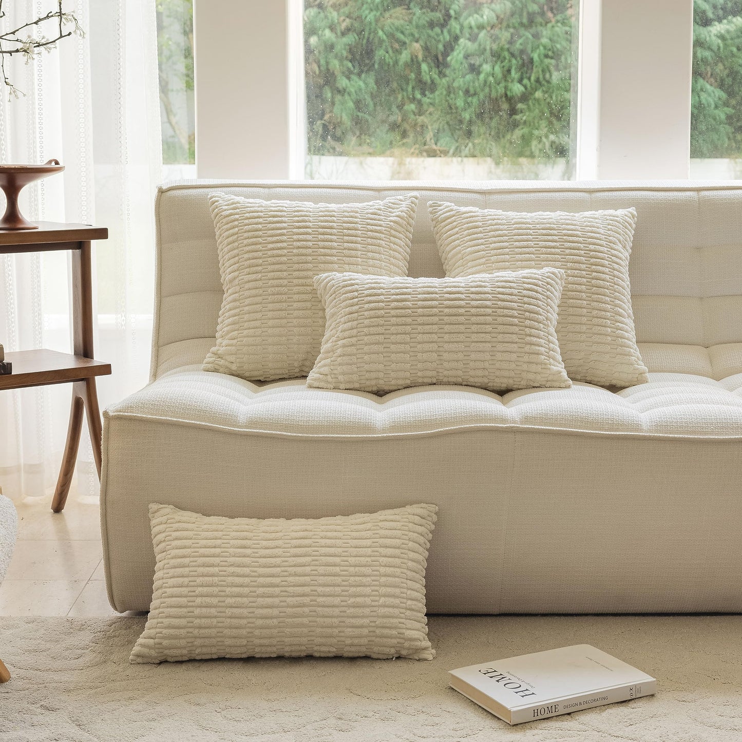 Home Brilliant Pillow Covers 24x24 White Decorative Corduroy Striped Euro Pillow Shams Soft French Cream Plush Pillow Cases for Sofa Bedroom Bed Couch, Set of 2, 24 x 24 inch, Cream