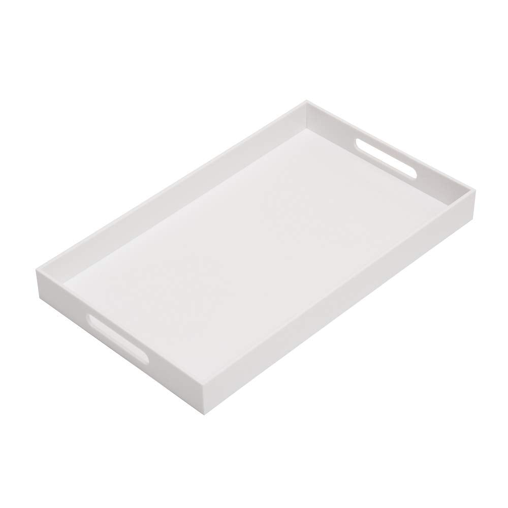 KEVLANG Glossy White Sturdy Acrylic Serving Tray with Handles-12x20 Inch-Serving Coffee Appetizer Breakfast-Kitchen Countertop Makeup Drawer Organizer-Vanity Table Ottoman Decorative Tray