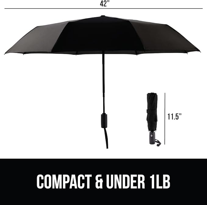 GORILLA GRIP Strong Windproof Stick Compact Umbrella for Rain, 2 PK, One-Click Automatic Open Close, Durable Quick Dry Waterproof Material, Lightweight, Travel Size Fits Backpack, Black Hunter Green