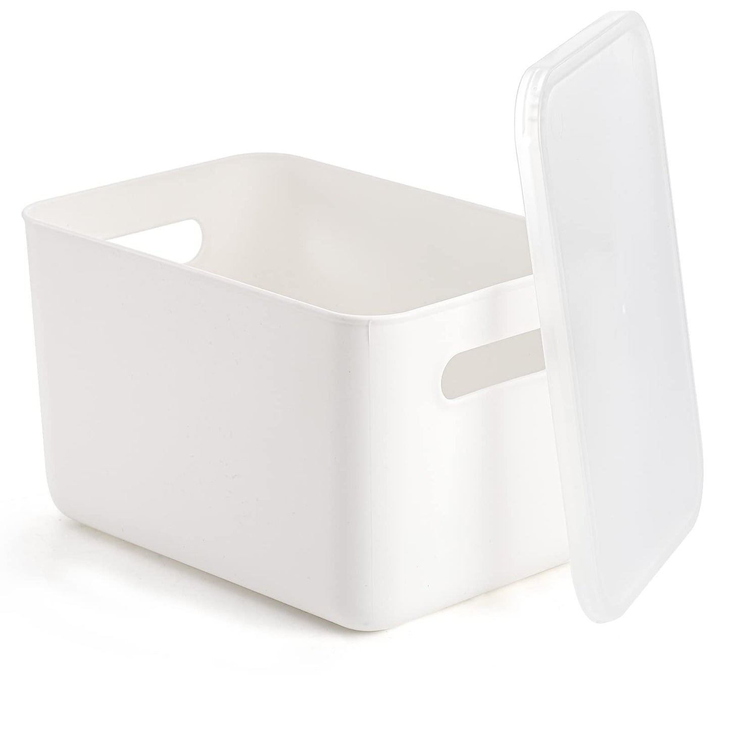 Lawei 4 Pack Plastic Storage Bins with Lid, White Stackable Storage Basket Organizer Box, Sturdy Containers Organizing Lidded Bins for Shelves, Cabinet, Desk, Pantry, Bedroom, Book, Toys