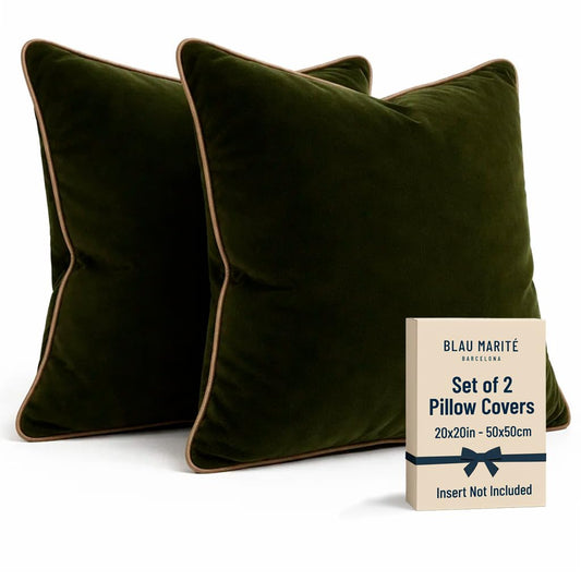Blau Marité 2 Pack Polyester Decorative Throw Pillow Covers, 20"x20", Green and Camel, Solid, Modern, Contrast Piping, Indoor Use, Bedroom & Living Room